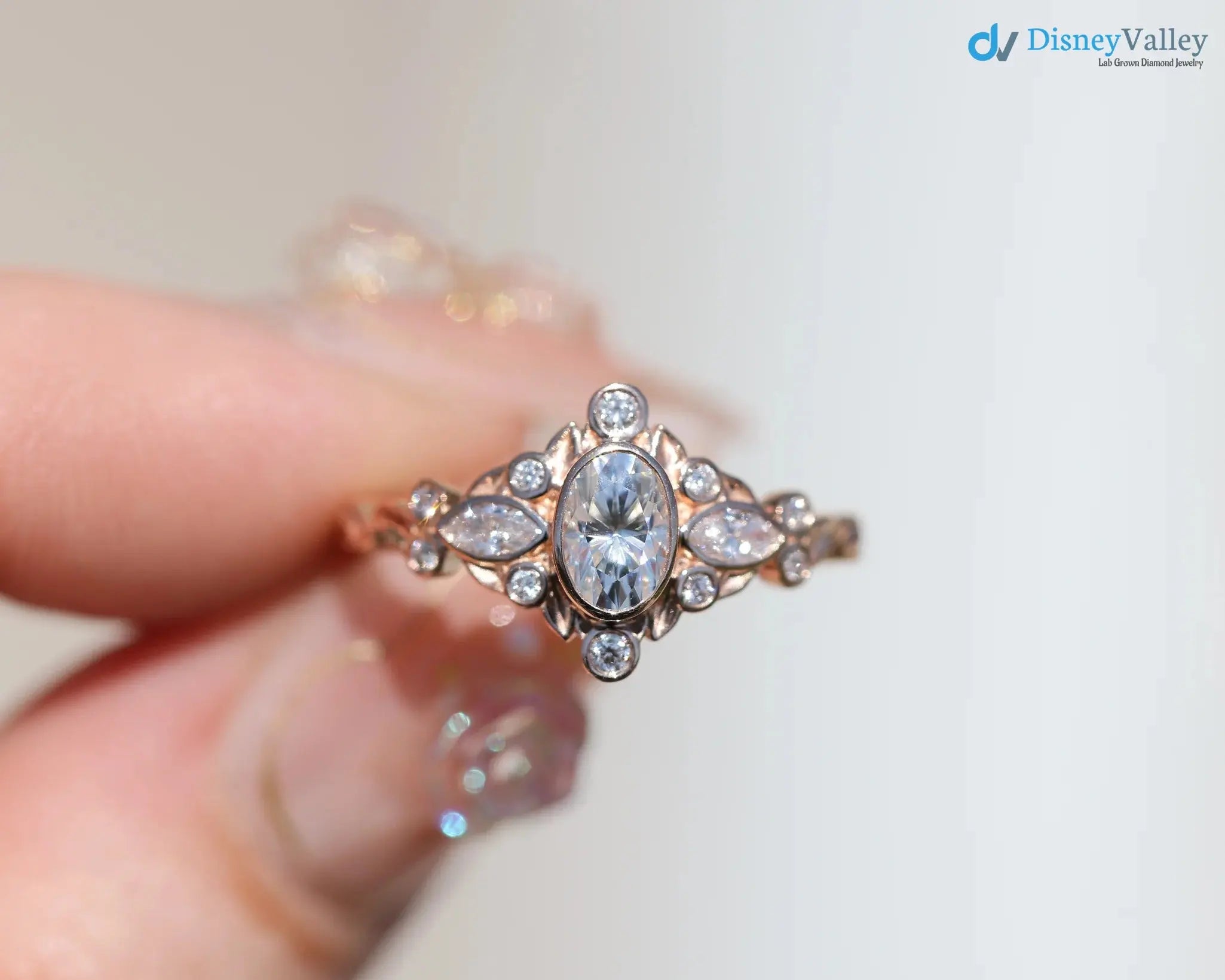 Briar bezel three stone oval and marquise lab grown diamond engagement rings DisneyValley
