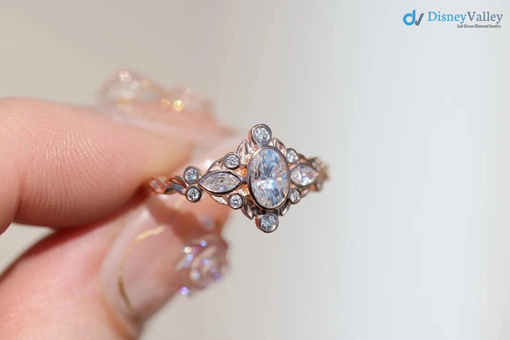 Briar bezel three stone oval and marquise lab grown diamond engagement rings DisneyValley