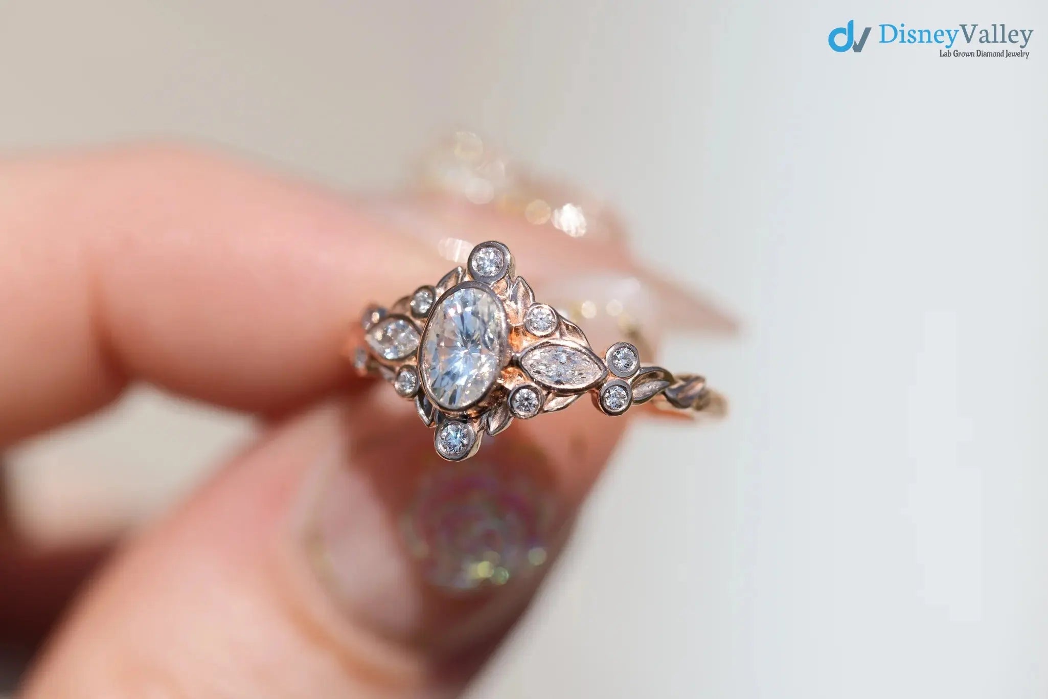 Briar bezel three stone oval and marquise lab grown diamond engagement rings DisneyValley