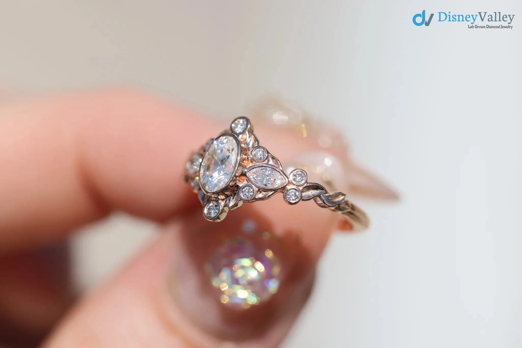 Briar bezel three stone oval and marquise lab grown diamond engagement rings DisneyValley