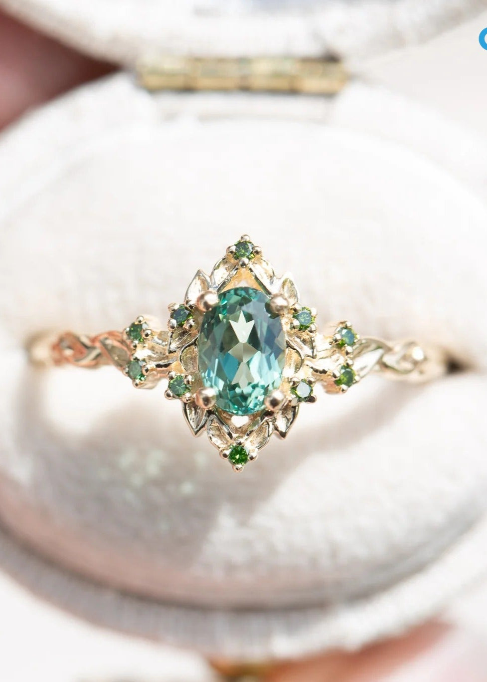 Briar rose floral halo with oval lab grown green sapphire engagement ring DisneyValley
