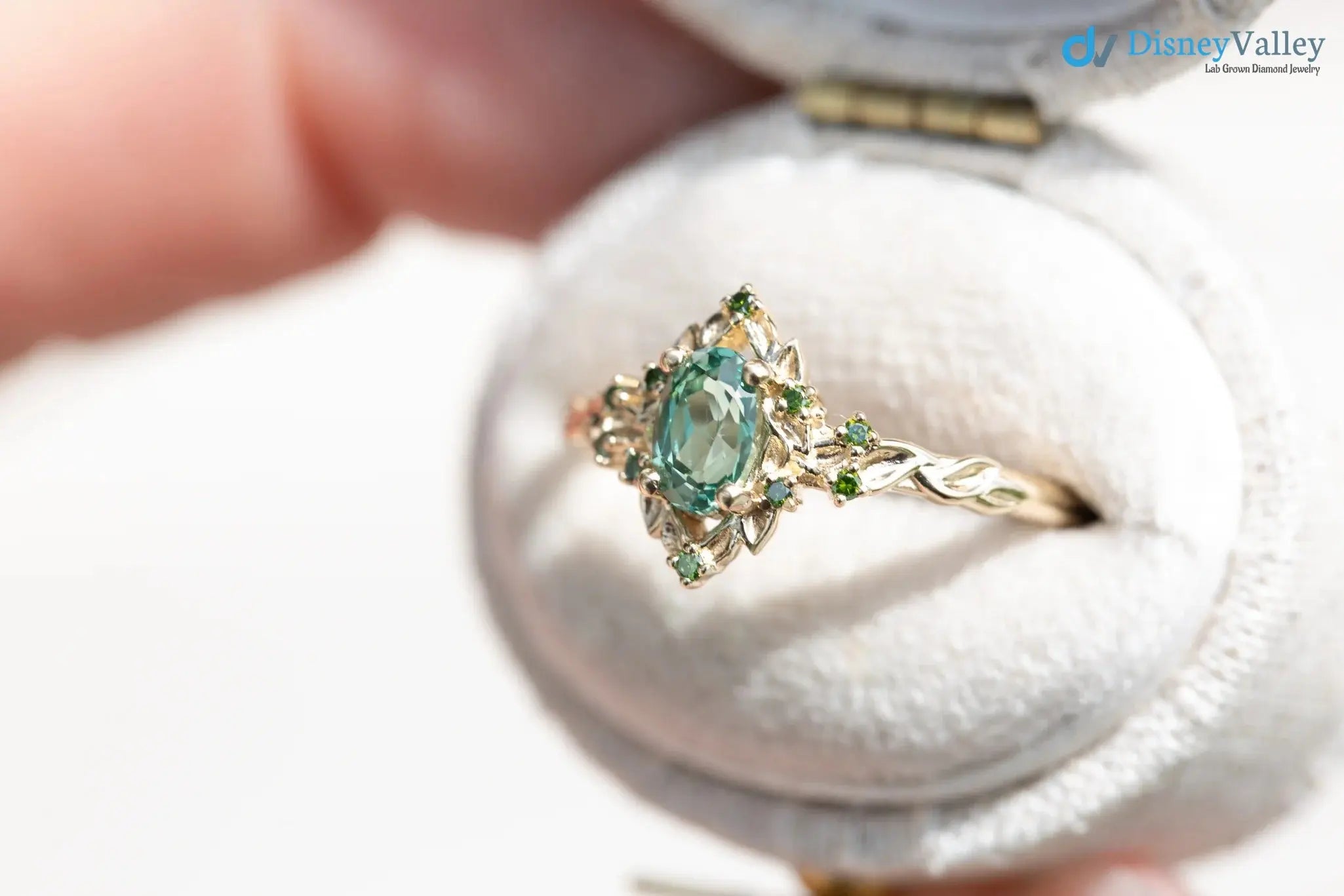 Briar rose floral halo with oval lab grown green sapphire engagement ring DisneyValley
