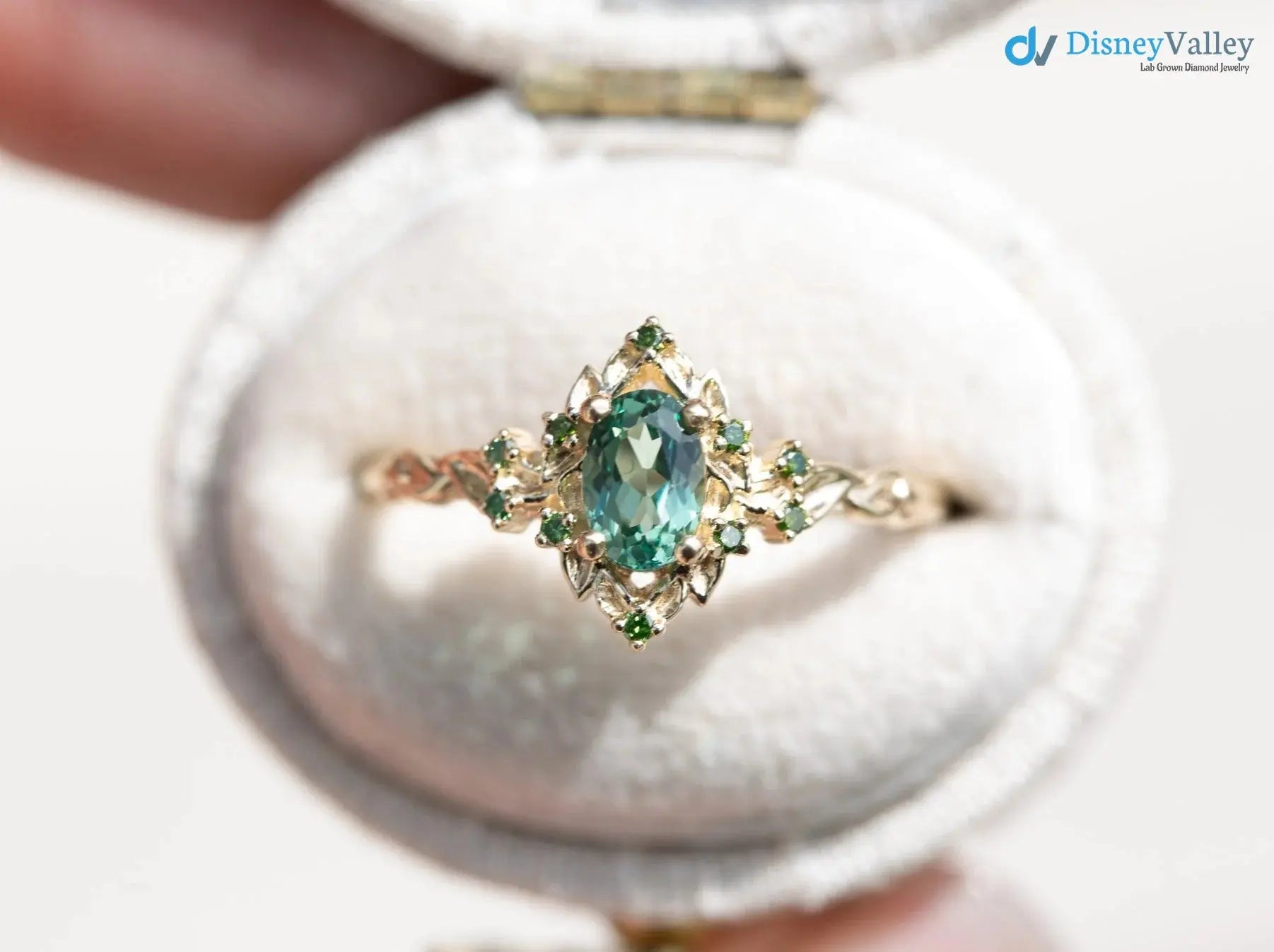 Briar rose floral halo with oval lab grown green sapphire engagement ring DisneyValley
