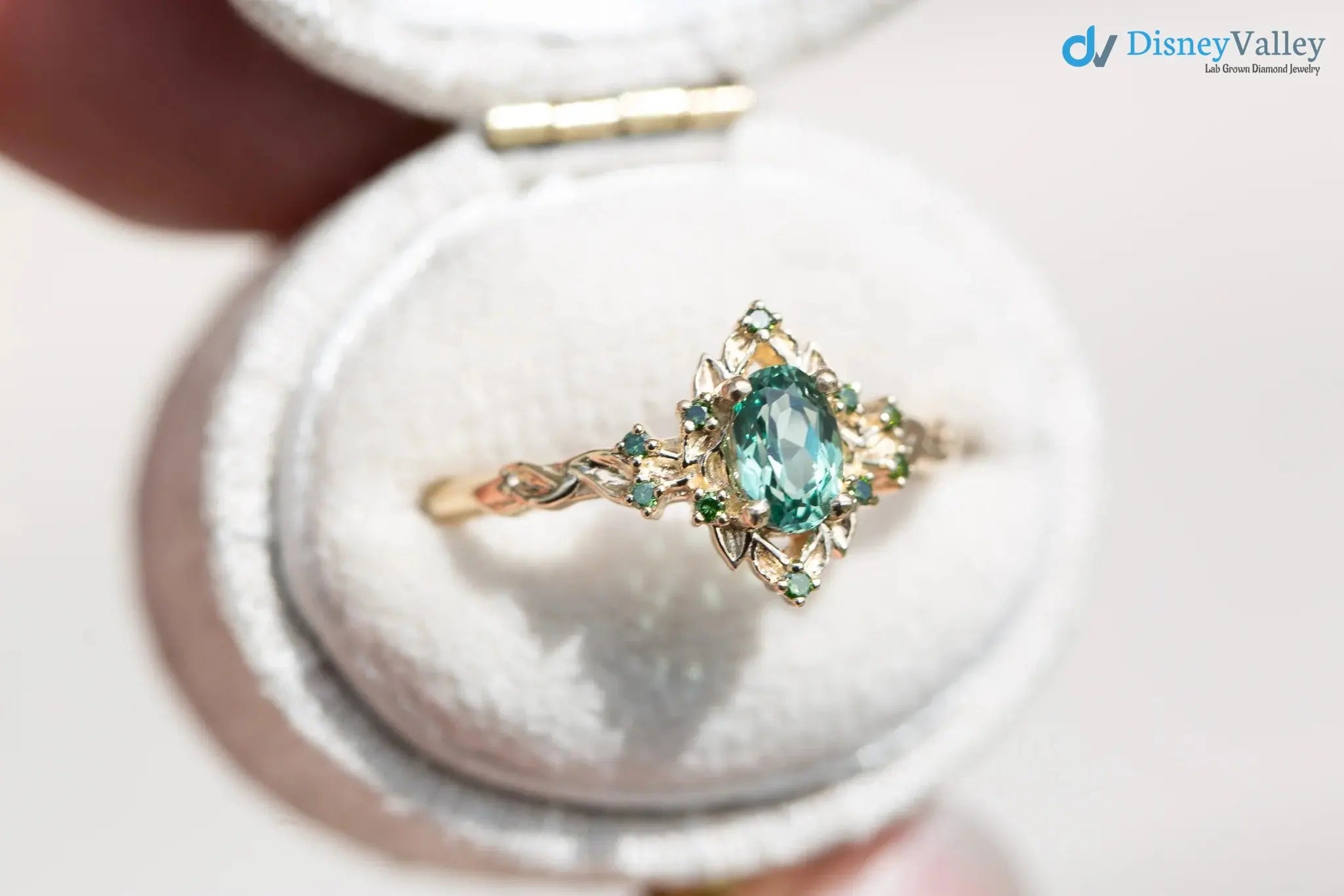 Briar rose floral halo with oval lab grown green sapphire engagement ring DisneyValley
