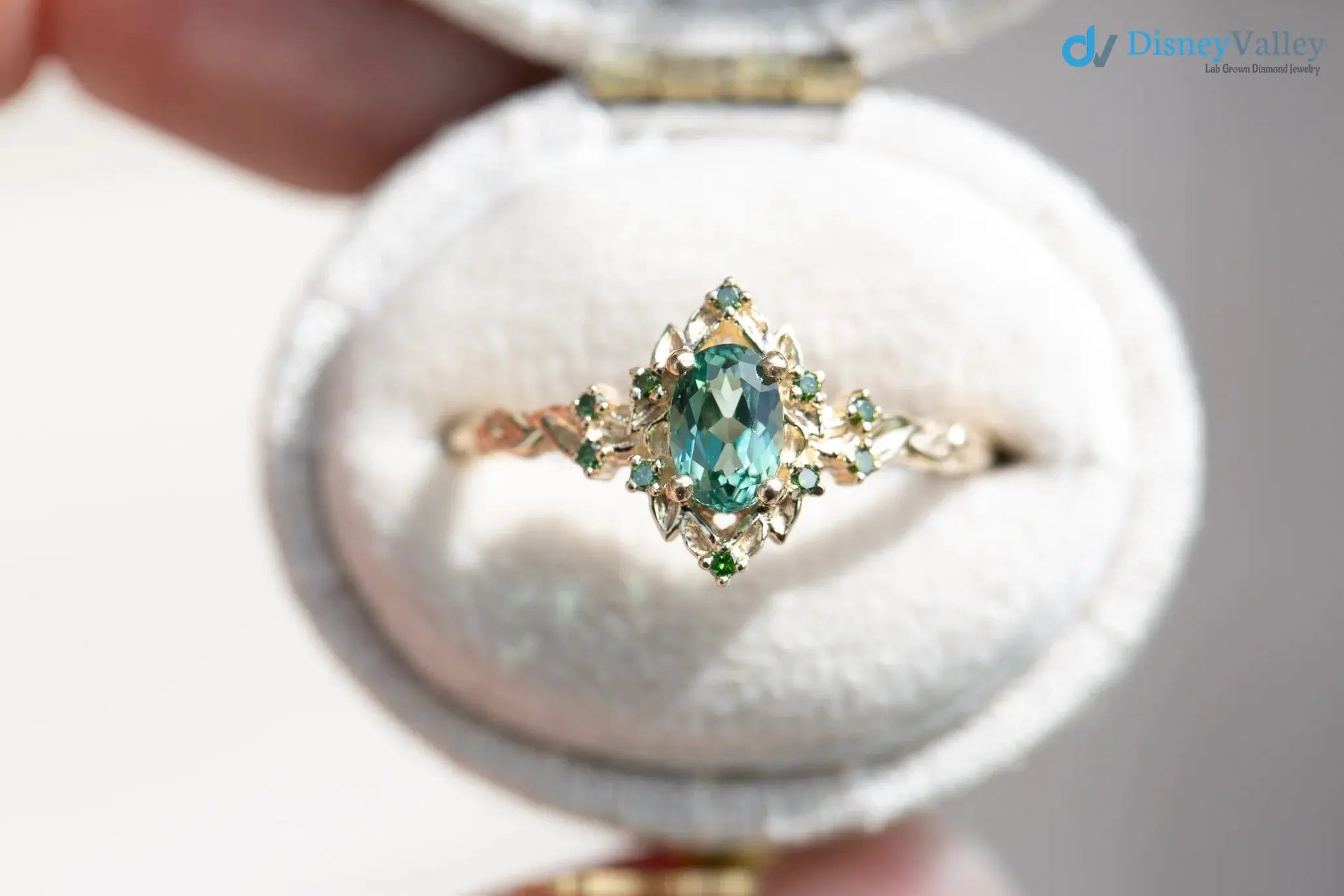 Briar rose floral halo with oval lab grown green sapphire engagement ring DisneyValley
