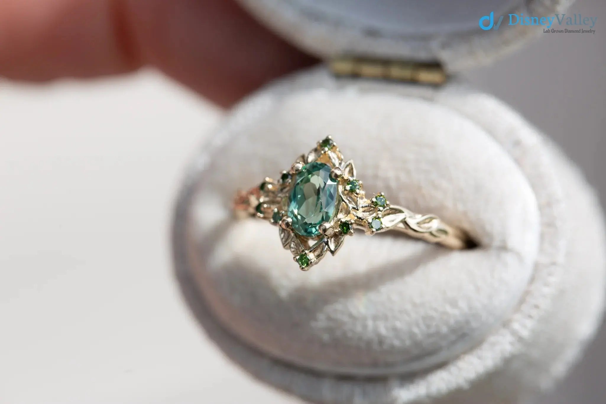 Briar rose floral halo with oval lab grown green sapphire engagement ring DisneyValley