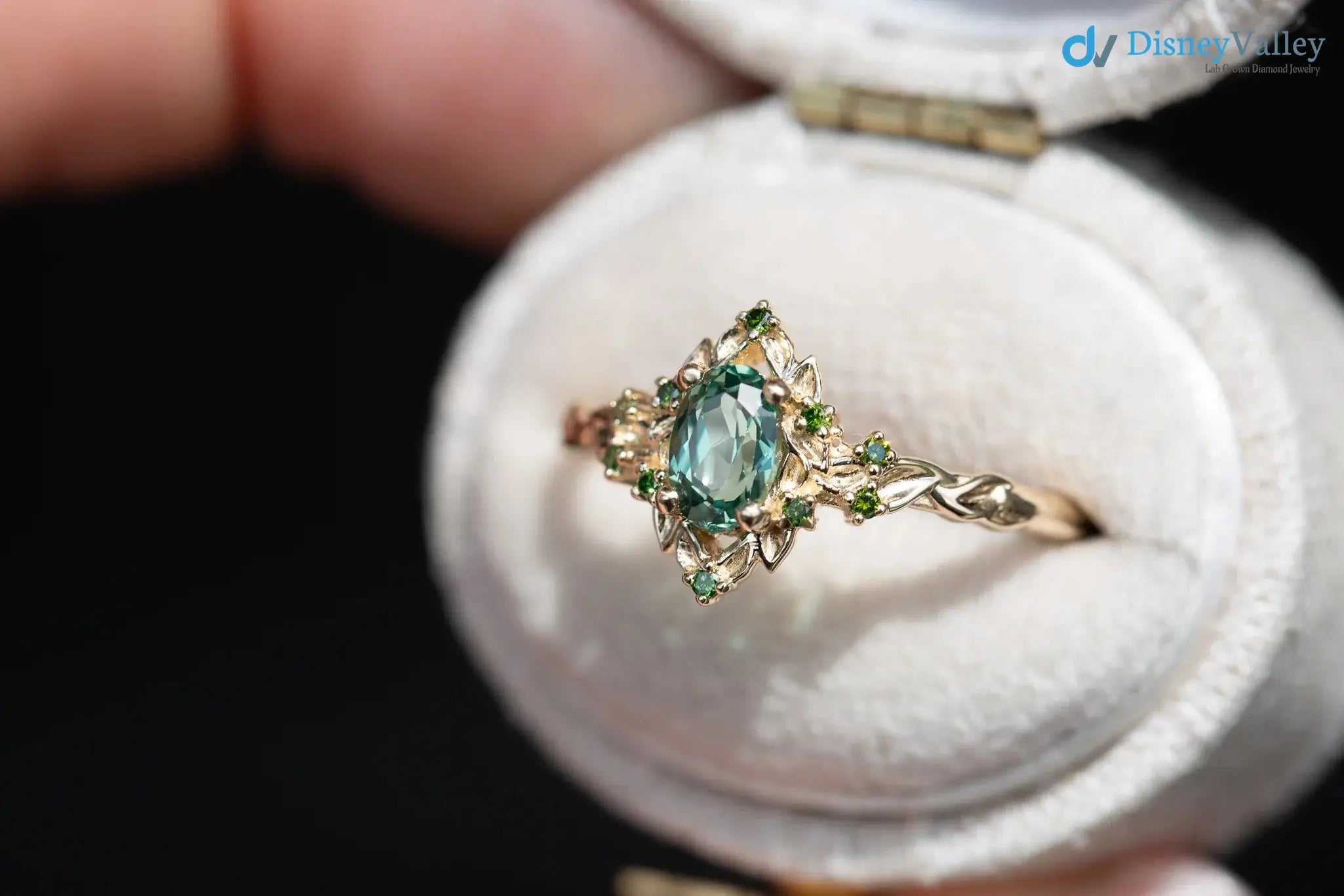 Briar rose floral halo with oval lab grown green sapphire engagement ring DisneyValley