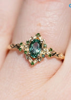 Briar rose floral halo with oval lab grown green sapphire engagement ring DisneyValley