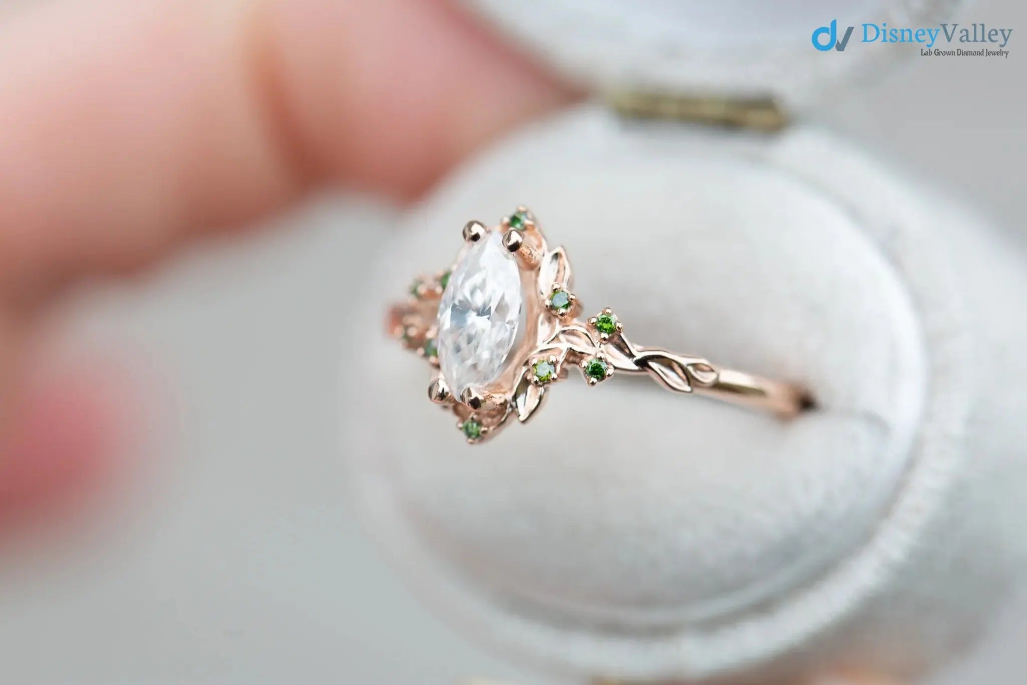 Briar rose halo with marquise Lab Grown and green diamond accents Wedding Ring DisneyValley
