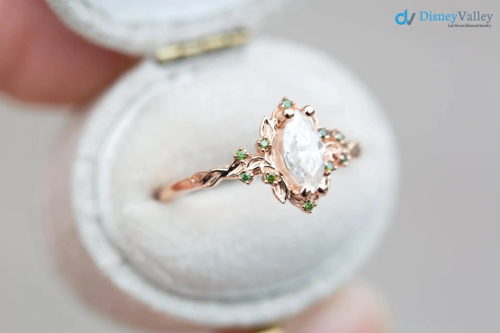 Briar rose halo with marquise Lab Grown and green diamond accents Wedding Ring DisneyValley