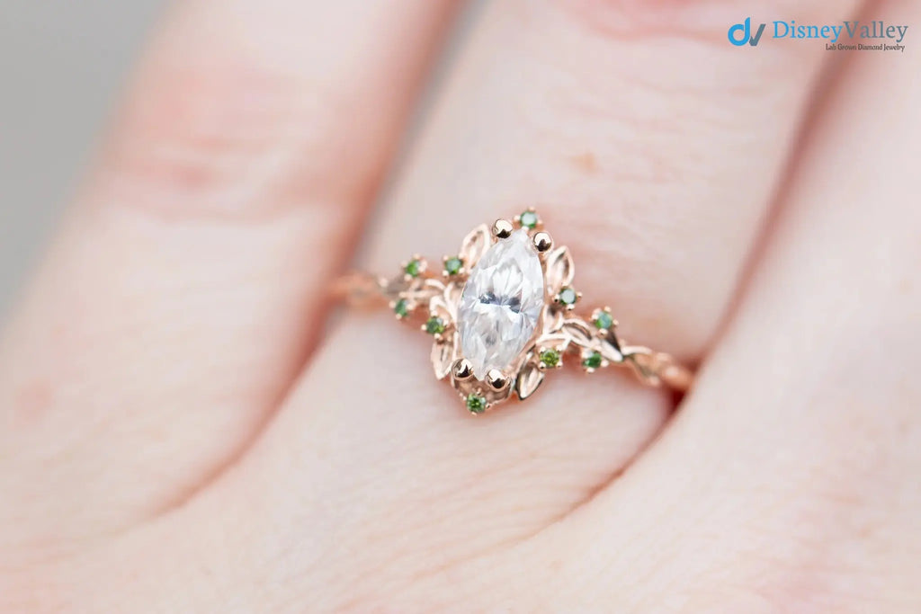 Briar rose halo with marquise Lab Grown and green diamond accents Wedding Ring DisneyValley