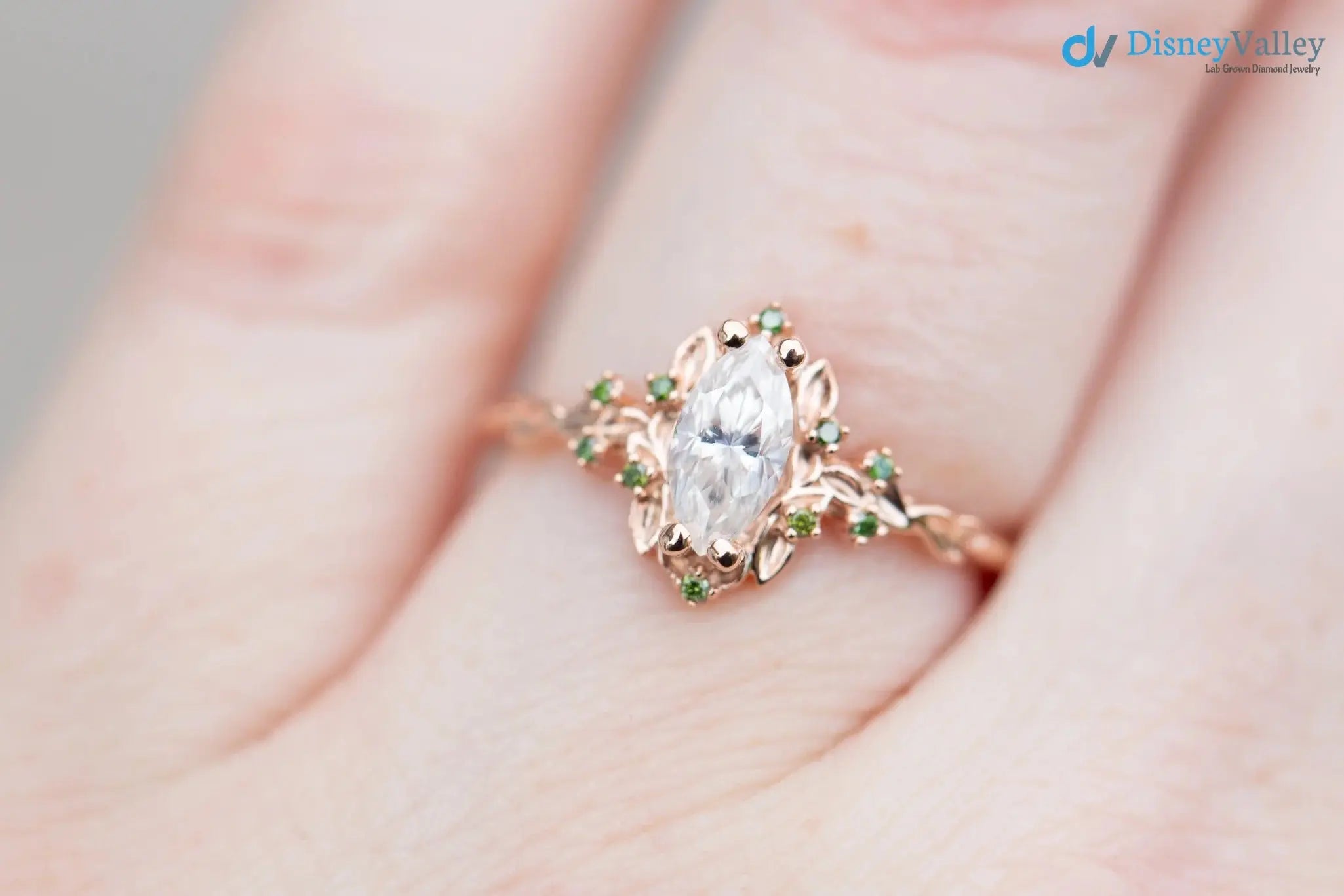 Briar rose halo with marquise Lab Grown and green diamond accents Wedding Ring DisneyValley