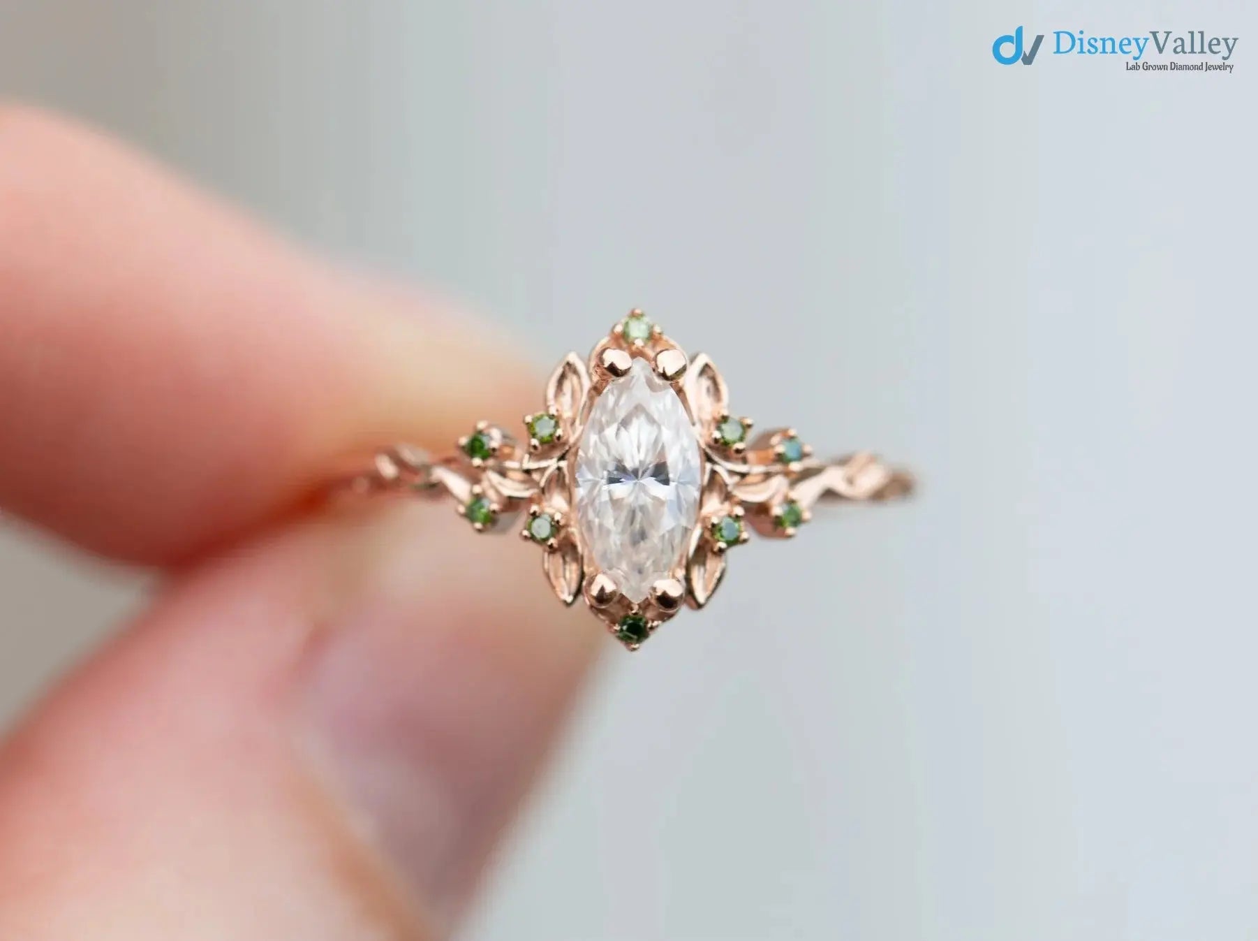 Briar rose halo with marquise Lab Grown and green diamond accents Wedding Ring DisneyValley