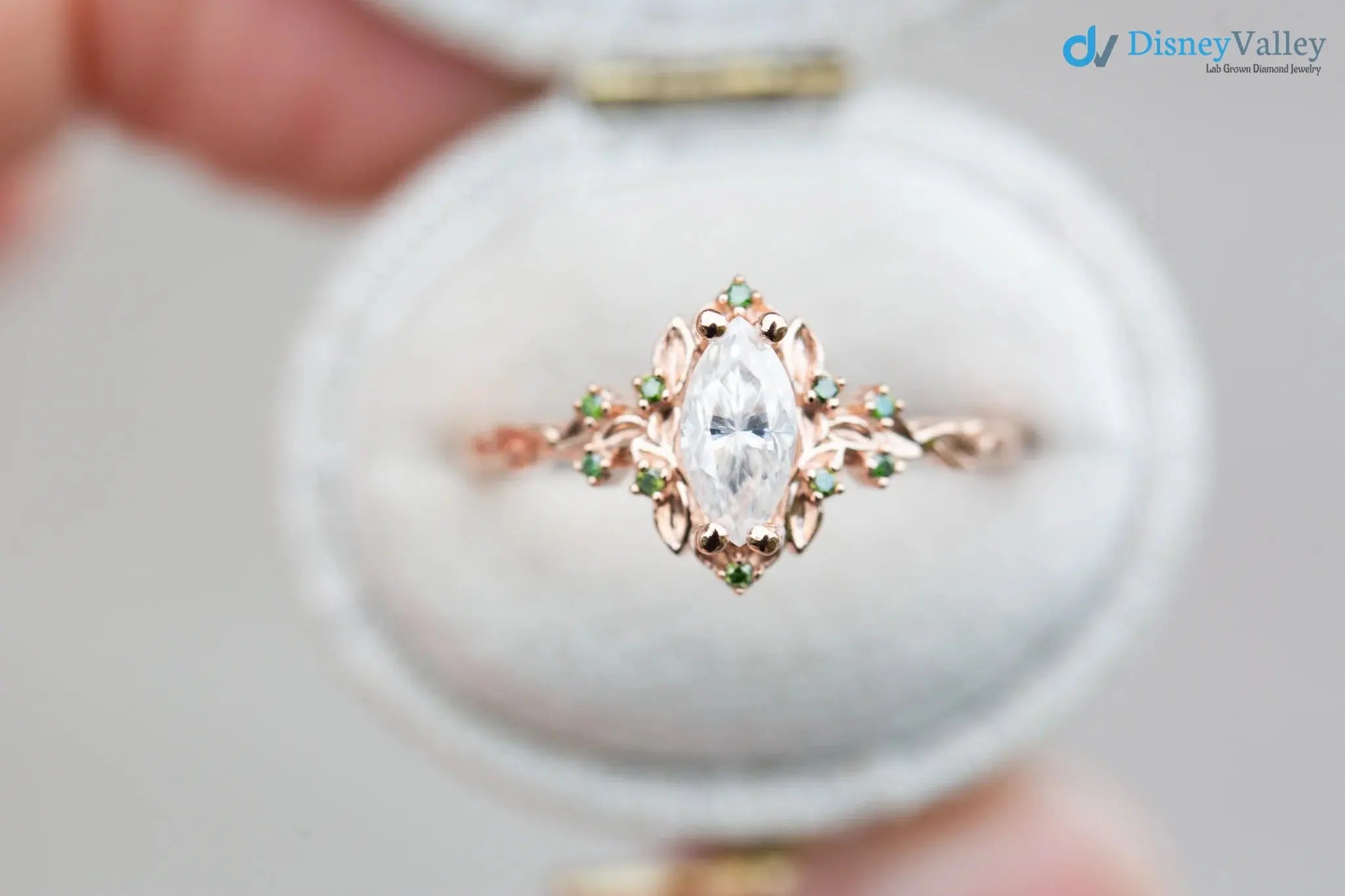 Briar rose halo with marquise Lab Grown and green diamond accents Wedding Ring DisneyValley