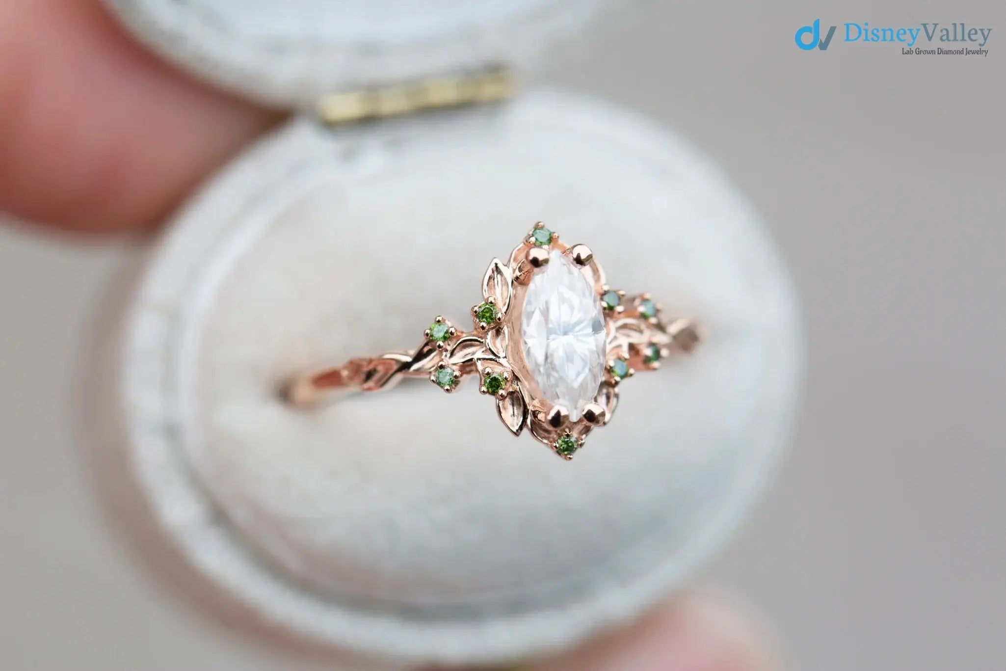 Briar rose halo with marquise Lab Grown and green diamond accents Wedding Ring DisneyValley