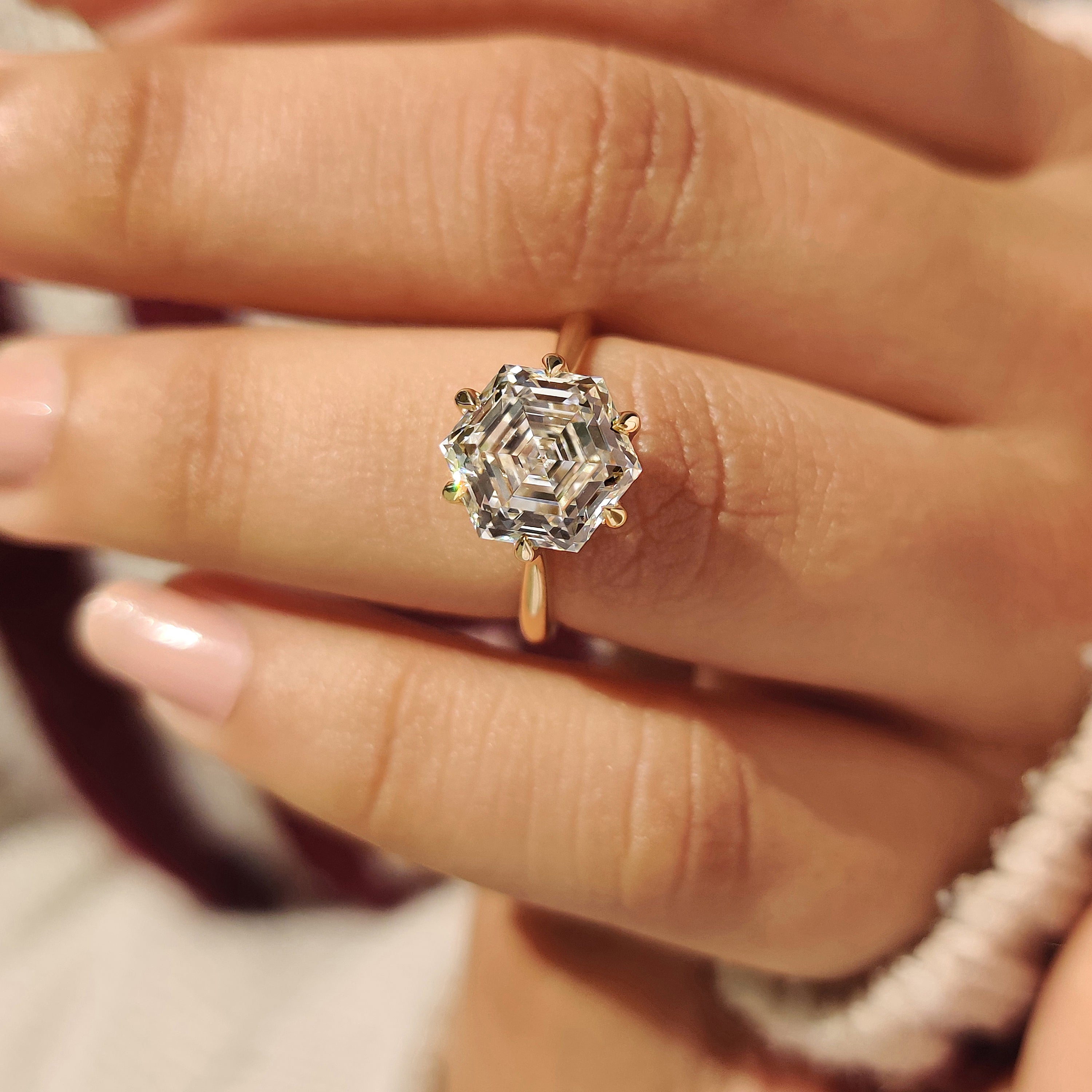 Hexagon Cut Diamond Solitaire Engagement Ring In Tulip Setting