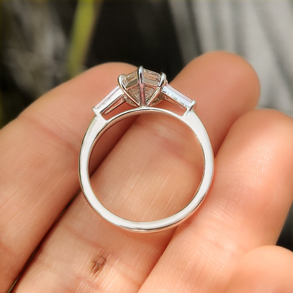 Hexagon Cut Three Stone Engagement Ring with Pink Side Stone