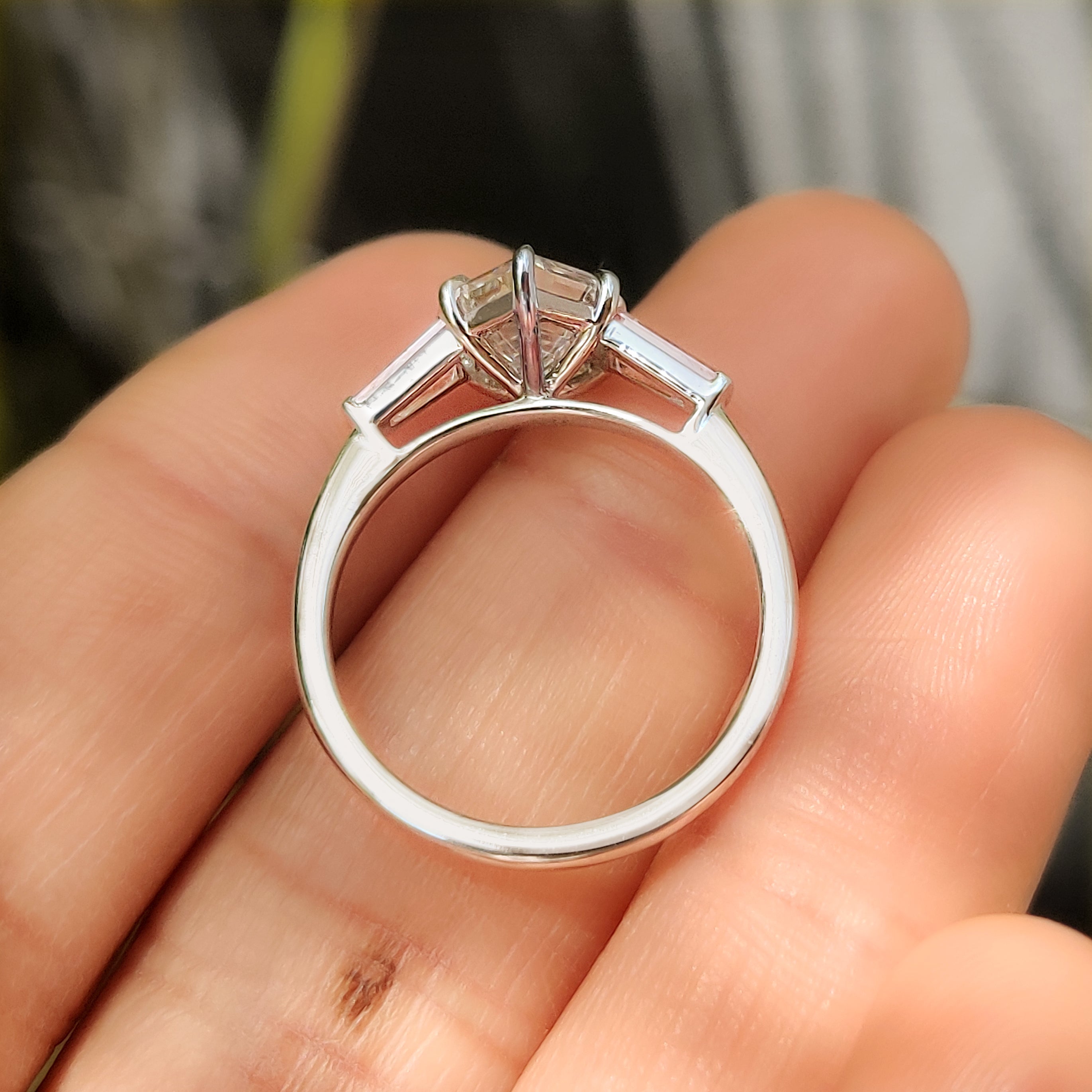 Hexagon Cut Three Stone Engagement Ring with Pink Side Stone