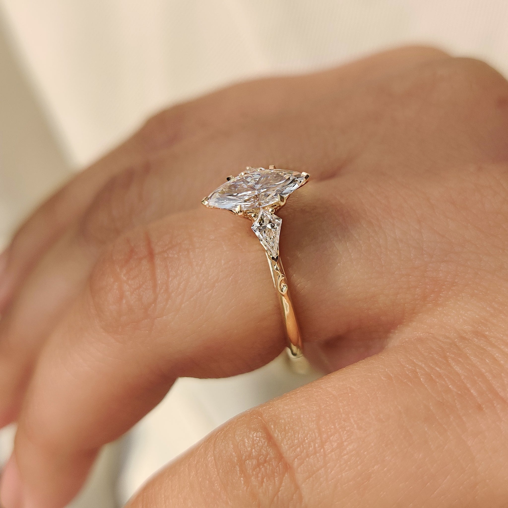 Vintage Style Marquise Diamond Ring with Basket Filigree Details