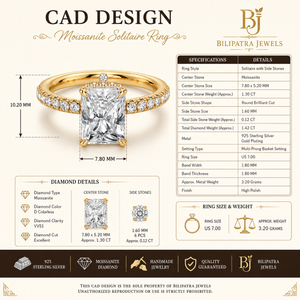 A professional graphic design layout on a soft off-white cream background presents a CAD design specification sheet for a Uploaded Product, with the large bold dark brown serif title CAD DESIGN centered at the top and the subtitle uploaded product in refined gold script lettering flanked by delicate ornamental flourishes, while the upper right corner displays the stylized gold Bj monogram with a small leaf accent above the text BILIPATRA JEWELS in elegant gold serif typography separated by a thin decorative line, the central left portion features a highly detailed front view rendering of the uploaded product, accompanied by precise black dimension lines and arrows indicating a vertical measurement and a horizontal width, to the right a clean two-column specifications table in dark brown text lists ring style, center stone, center stone size, center stone weight approx, side stone shape, side stone size, total side stone weight approx, total diamond weight approx, metal 925 sterling silver, gold plating, setting type, ring size, band width, band thickness, approx metal weight and finish high polish, below the ring a bordered diamond details panel shows diamond type moissanite, diamond color D colorless, diamond clarity VVS1, diamond cut excellent along with small diamond icons and separate illustrations of the center stone approx. weight and side stones, a matching bordered ring size and weight box appears at bottom right with icons and text ring size and approx weight in grams, a dark brown footer banner spans the width with gold icons and text for 925 sterling silver, moissanite diamond, handmade jewelry, quality guaranteed and bilipatra jewels, and a centered copyright line at the very bottom reads this cad design is the sole property of bilipatra jewels unauthorized reproduction or use is strictly prohibited, the composition employs a balanced modular grid layout with generous negative space, refined typography hierarchy using classic serif headings and clean sans-serif body text, a warm luxury color palette of cream, deep chocolate brown and metallic gold accents, subtle drop shadows under the ring rendering and crisp vector lines throughout, overall minimalist elegant professional product presentation style with high polish finish and ultra sharp detail.