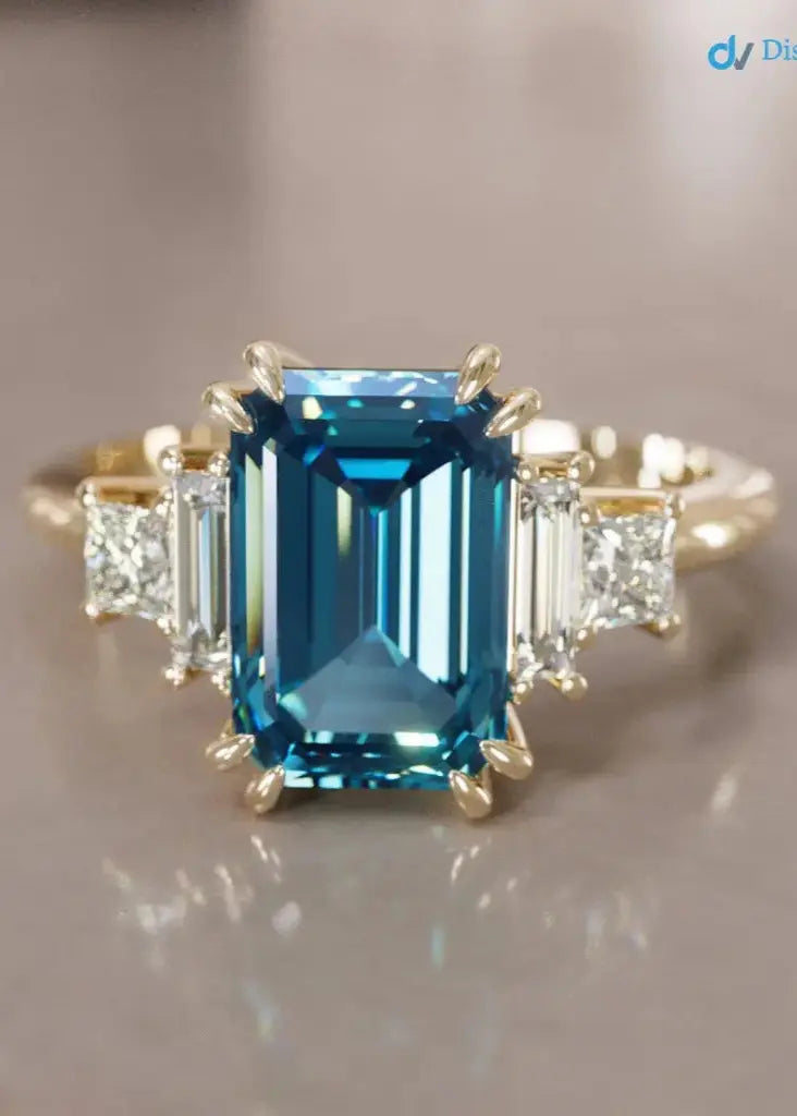 Christy Emerald Cut Blue Sapphire low profile Engagement Ring DisneyValley Main image