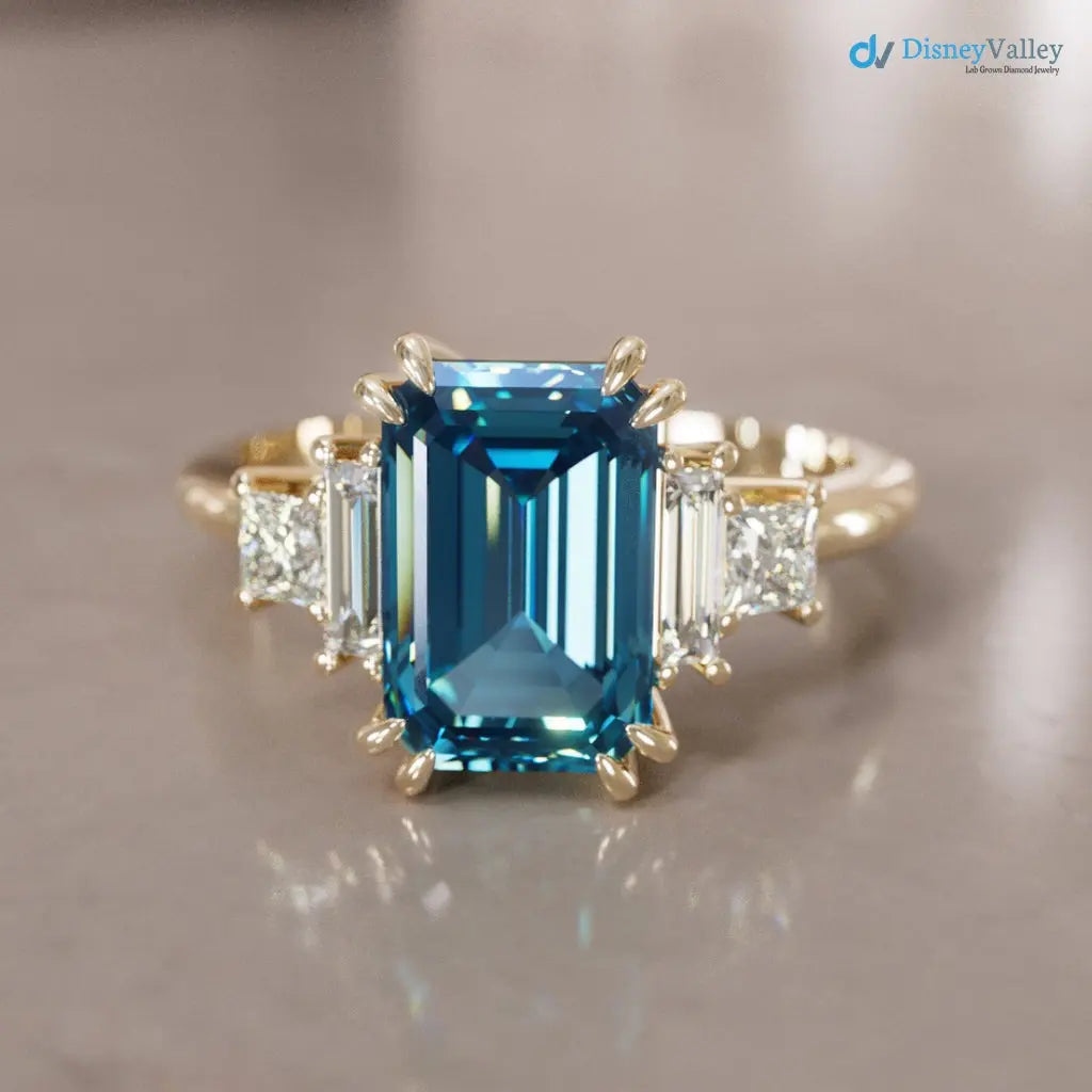 Christy Emerald Cut Blue Sapphire low profile Engagement Ring DisneyValley