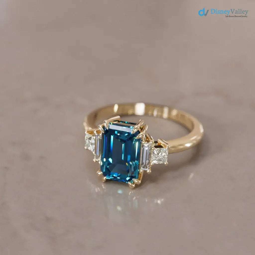 Christy Emerald Cut Blue Sapphire low profile Engagement Ring DisneyValley