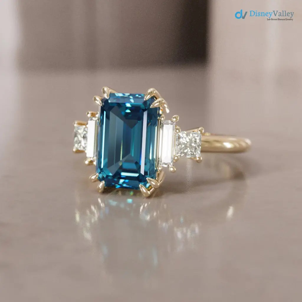 Christy Emerald Cut Blue Sapphire low profile Engagement Ring DisneyValley