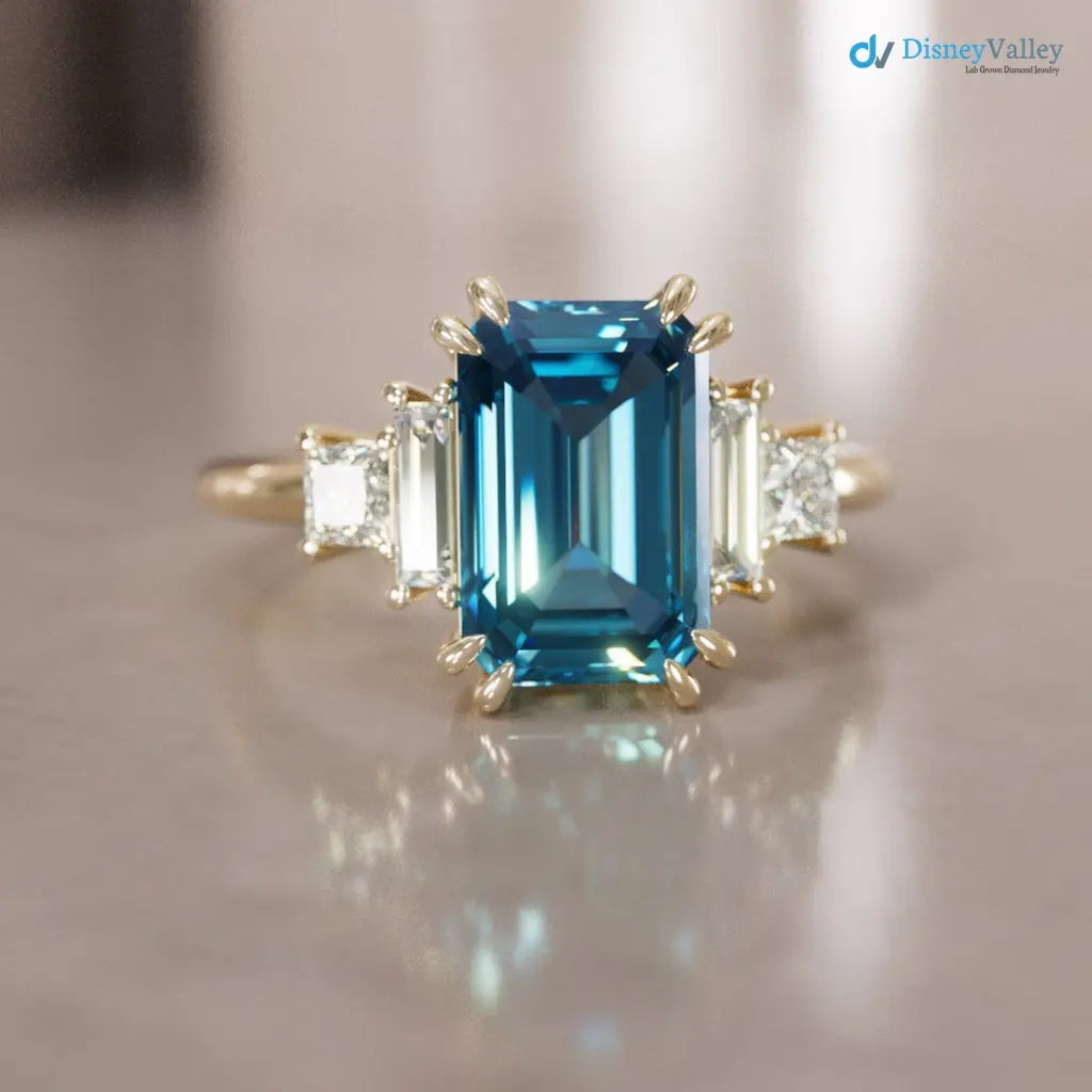 Christy Emerald Cut Blue Sapphire low profile Engagement Ring DisneyValley