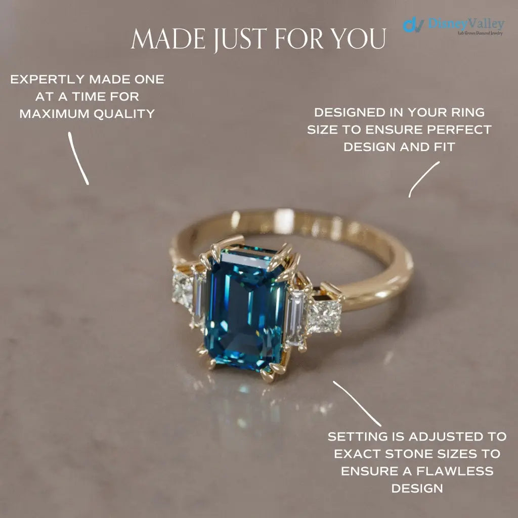 Christy Emerald Cut Blue Sapphire low profile Engagement Ring DisneyValley