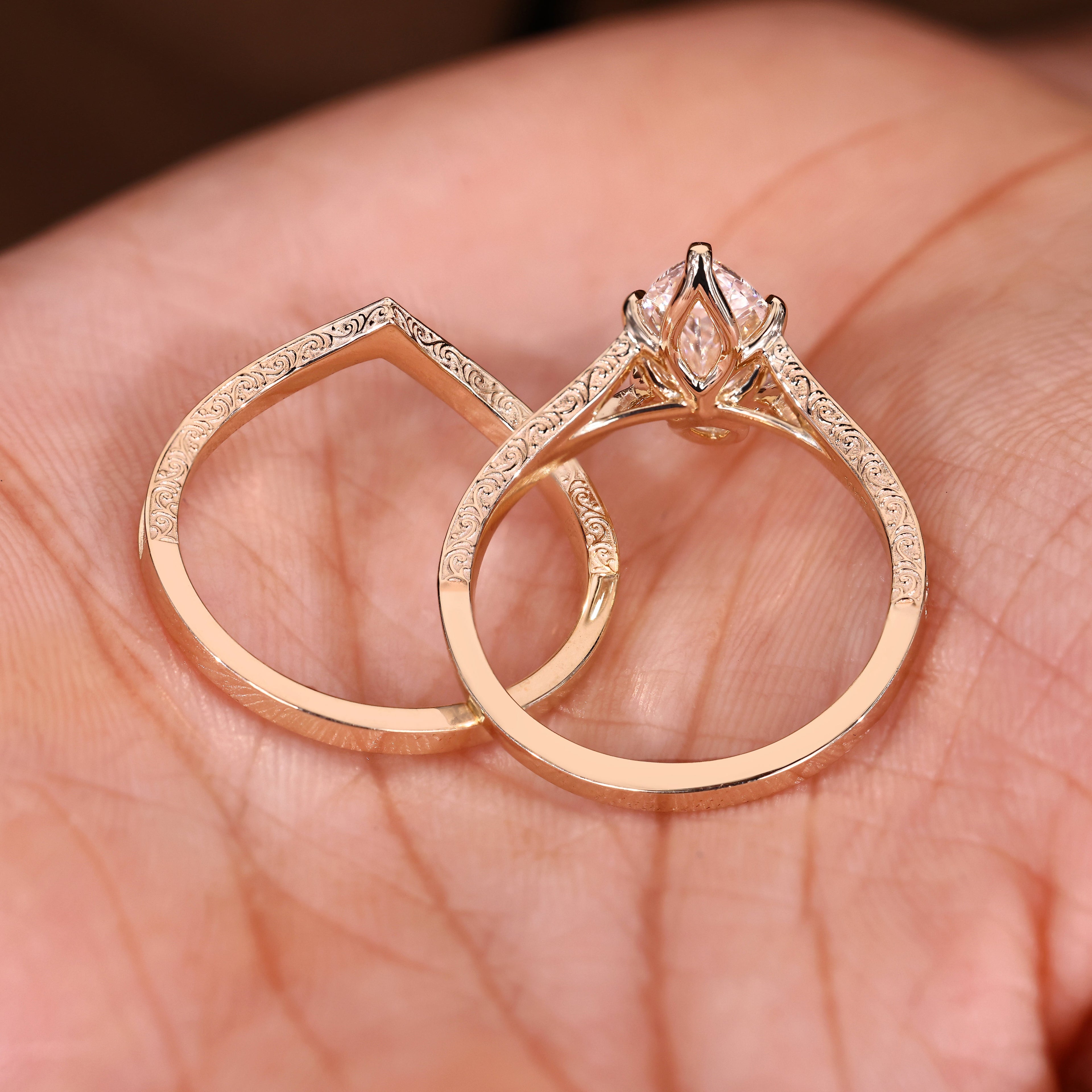 Vintage Marquise Engagement Ring Set with Curved Wedding Band