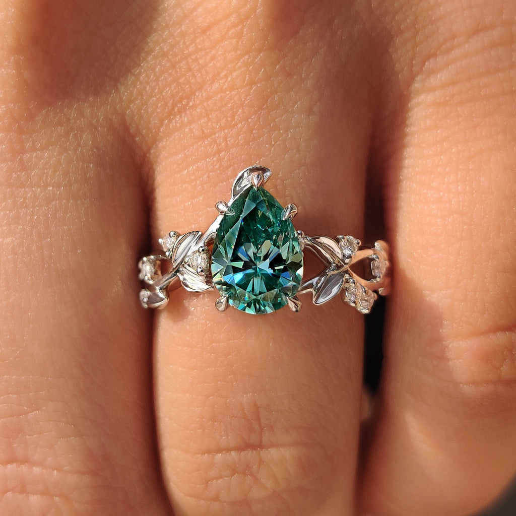 Cyan Blue Moissanite Pear Nature inspired Ring with Leaf Design