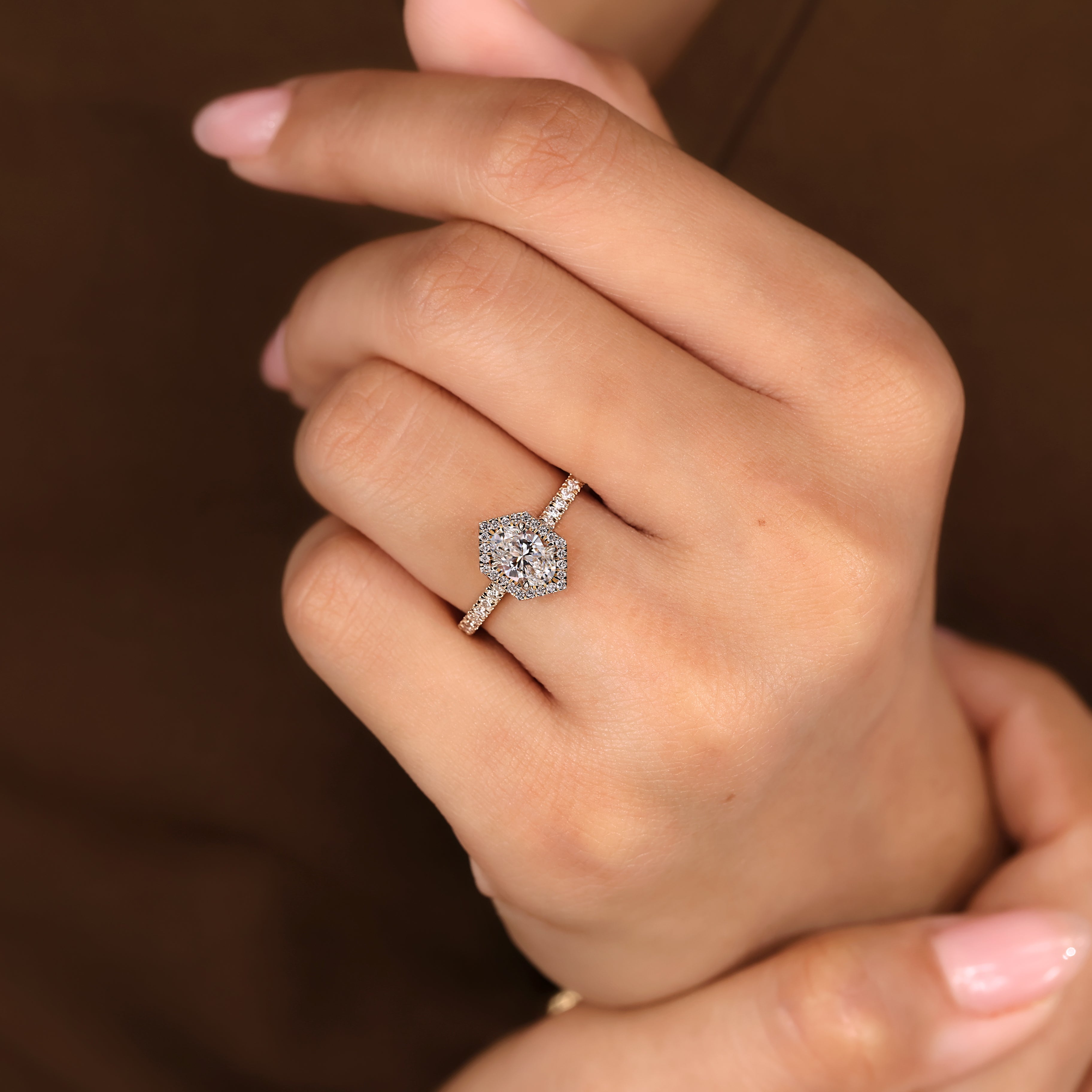 Oval Diamond Ring - Hexagon Halo Style