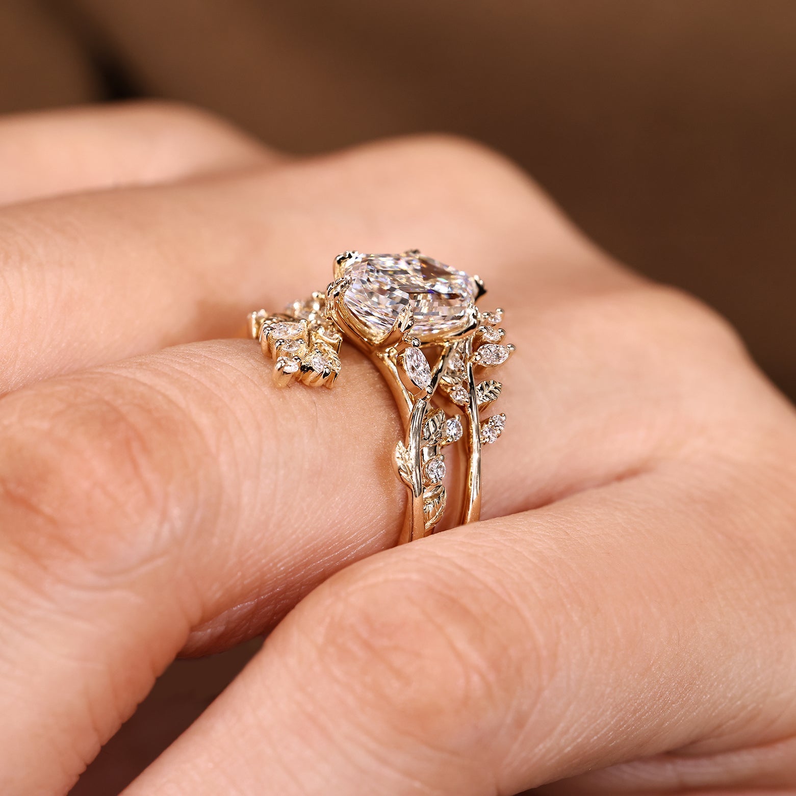 Hexagon Step Engagement Ring With Wedding Band In Nature Inspired