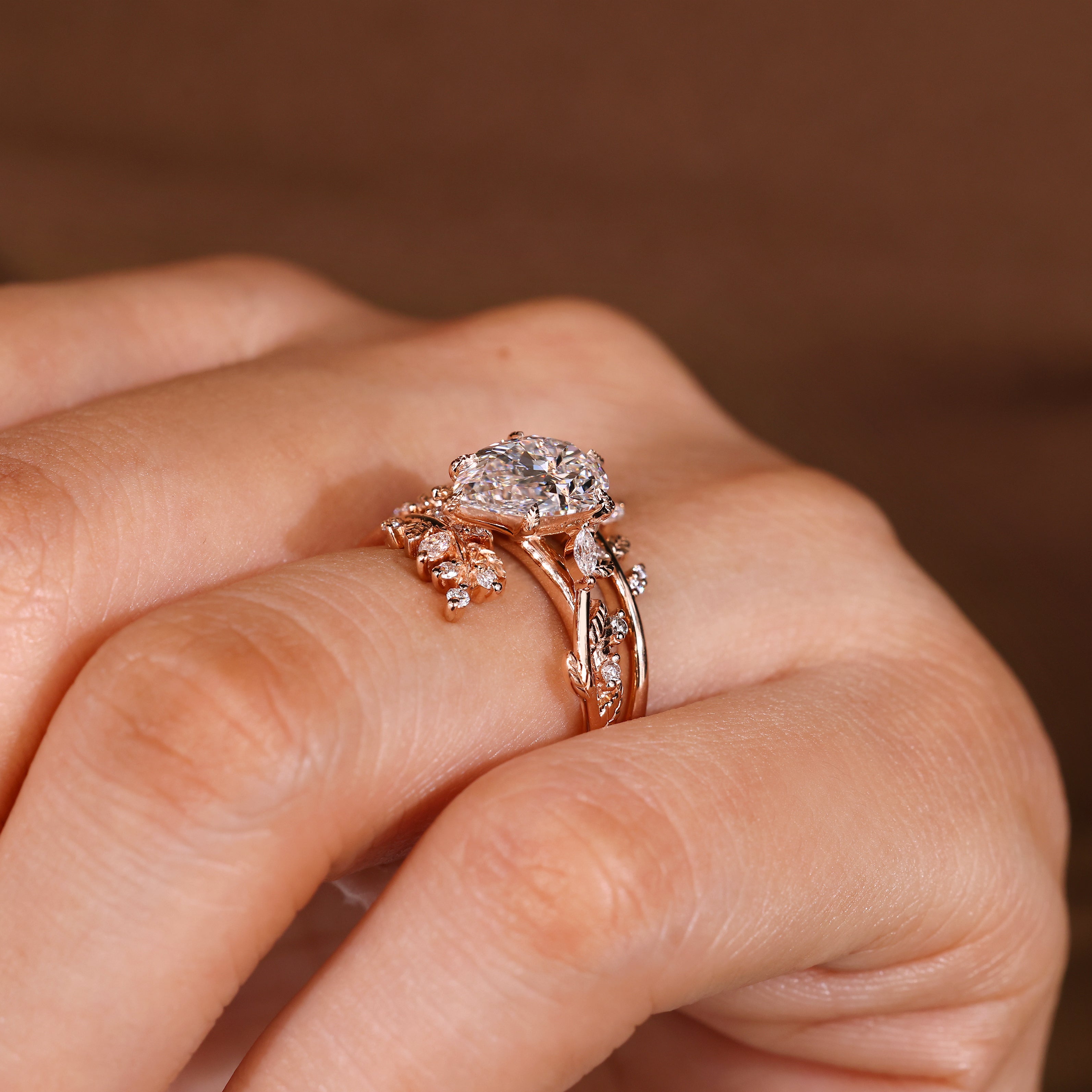 Pear Shaped Engagement Ring With Wedding Band In Nature Inspired Style