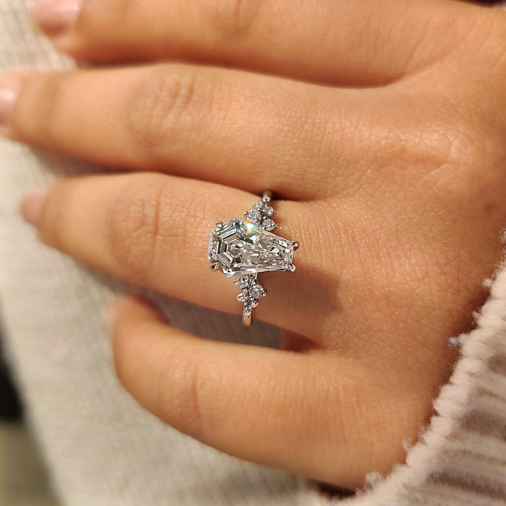 Coffin Cut Engagement Ring with Round Side Stone
