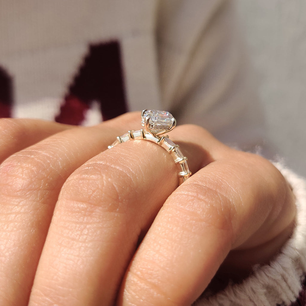 Squashed Hexagon Step Cut Ring with Baguette Cut Pave Band