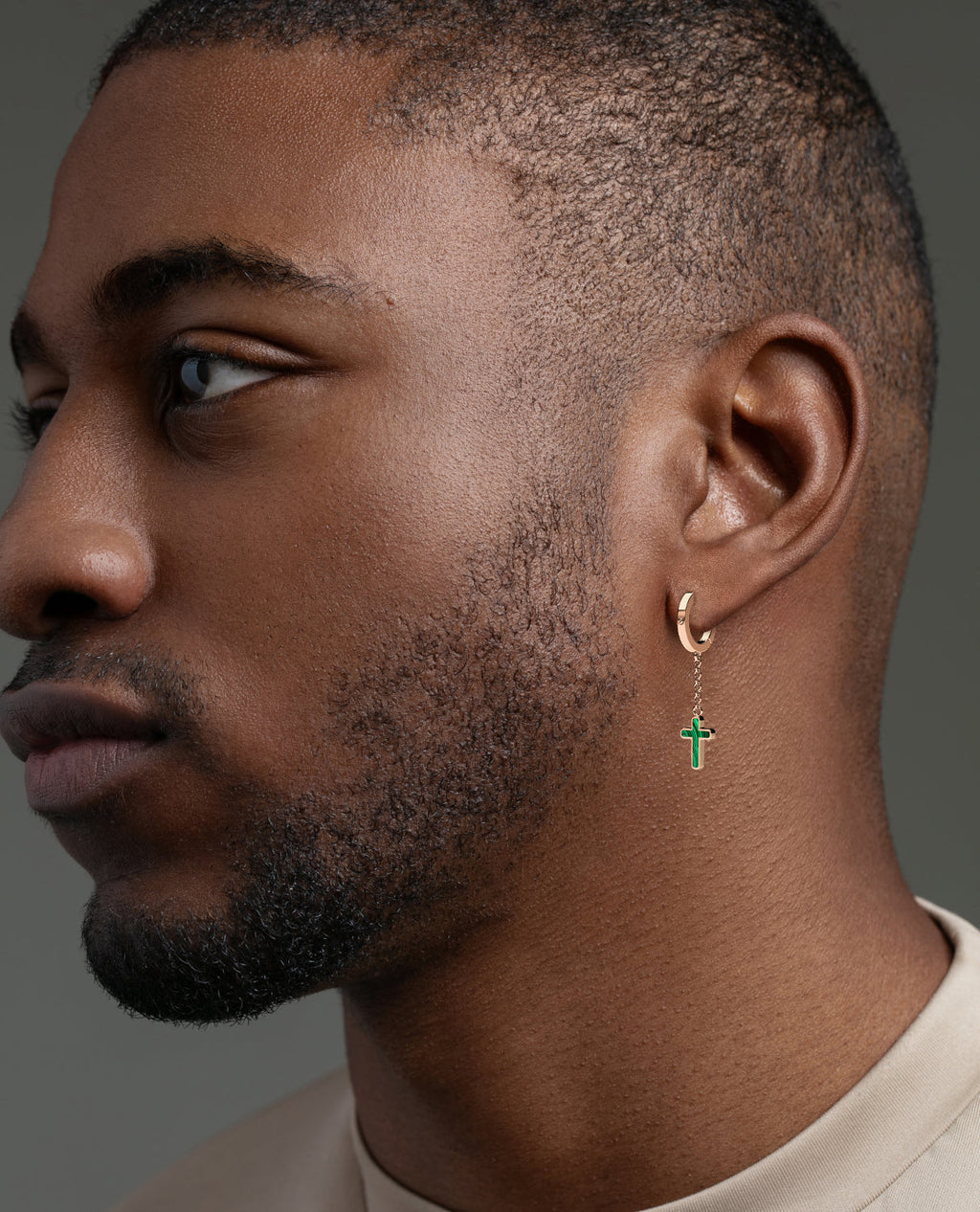 DANGLE CROSS Hoop Gold Earring on the chain with Malachite