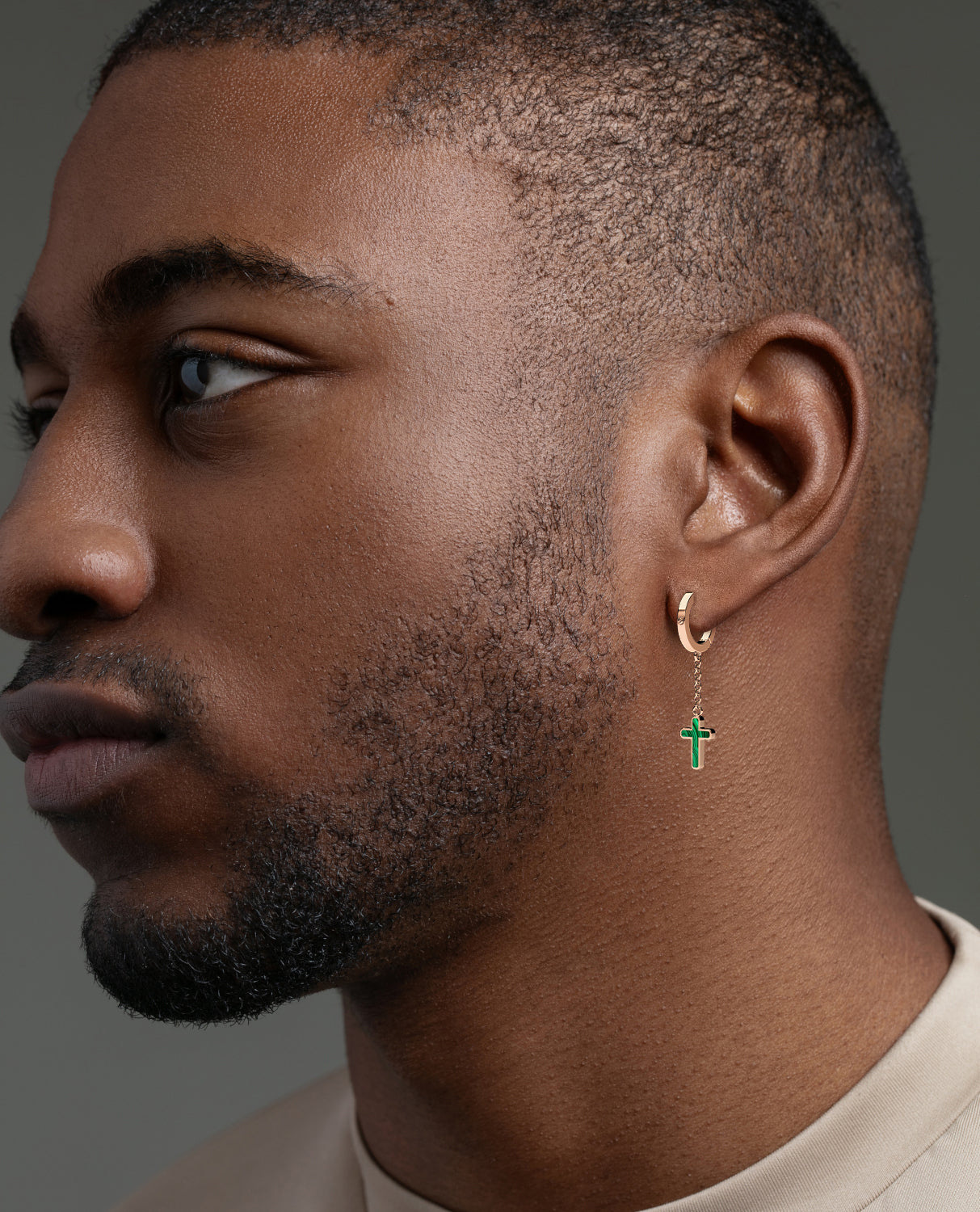 DANGLE CROSS Hoop Gold Earring on the chain with Malachite
