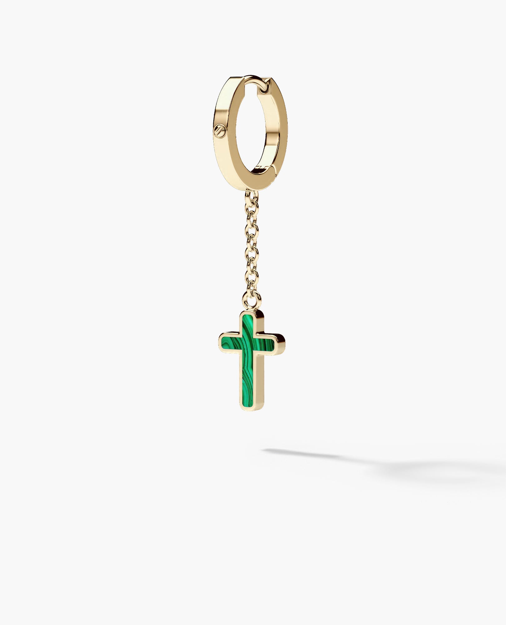 DANGLE CROSS Hoop Gold Earring on the chain with Malachite