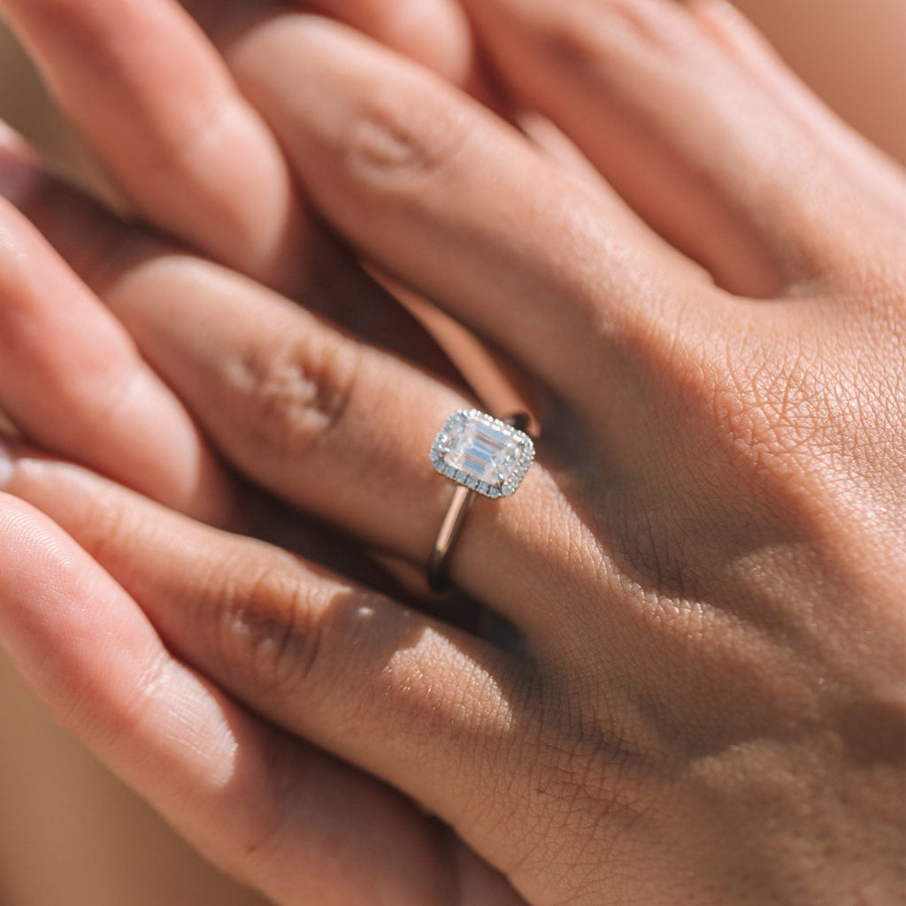 0.95 CT Emerald Cut Halo Moissanite Engagement Ring