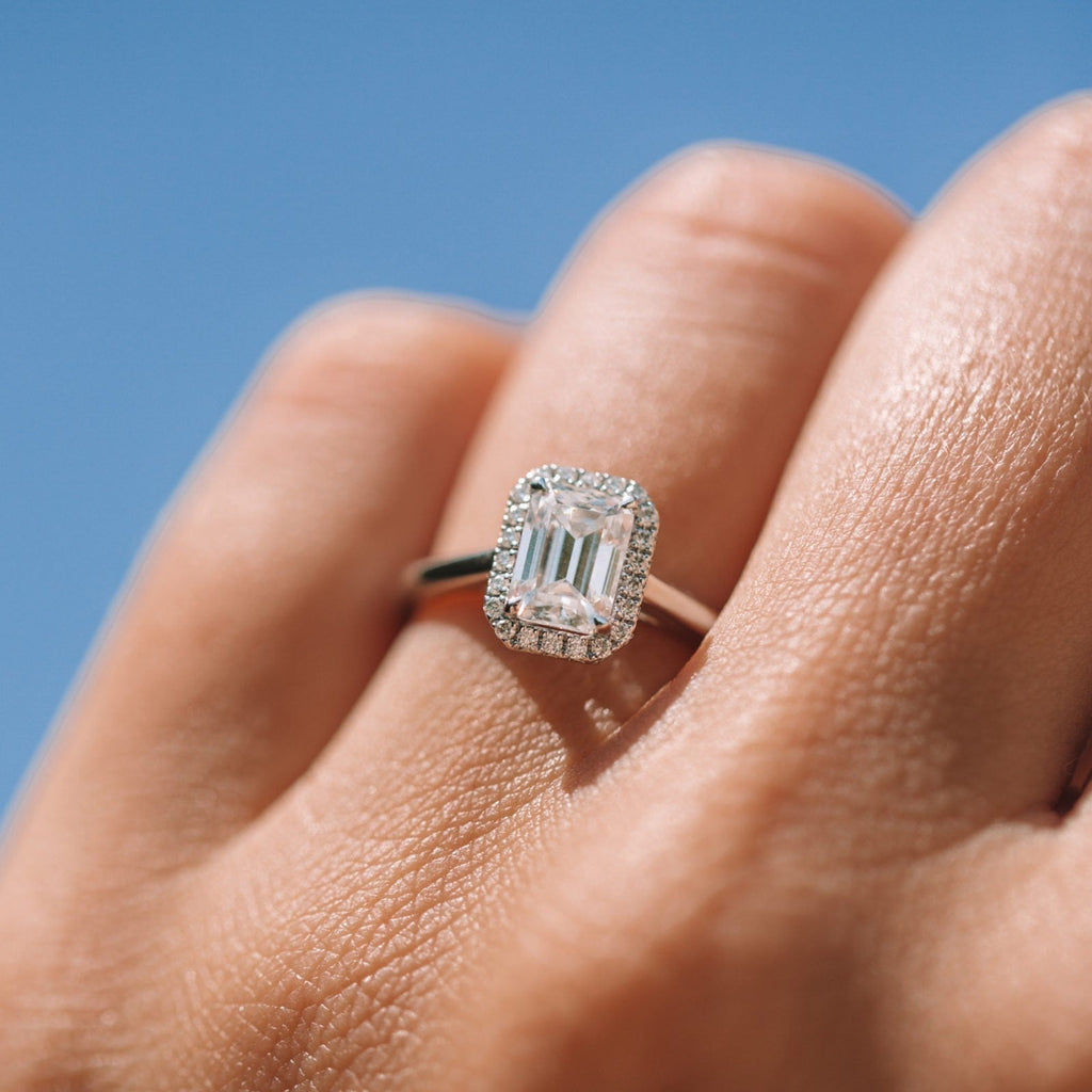 0.95 CT Emerald Cut Halo Moissanite Engagement Ring