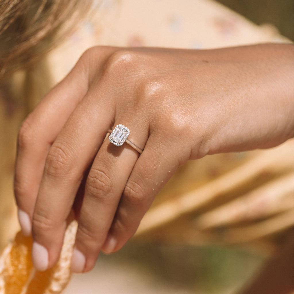 0.95 CT Emerald Cut Halo Moissanite Engagement Ring