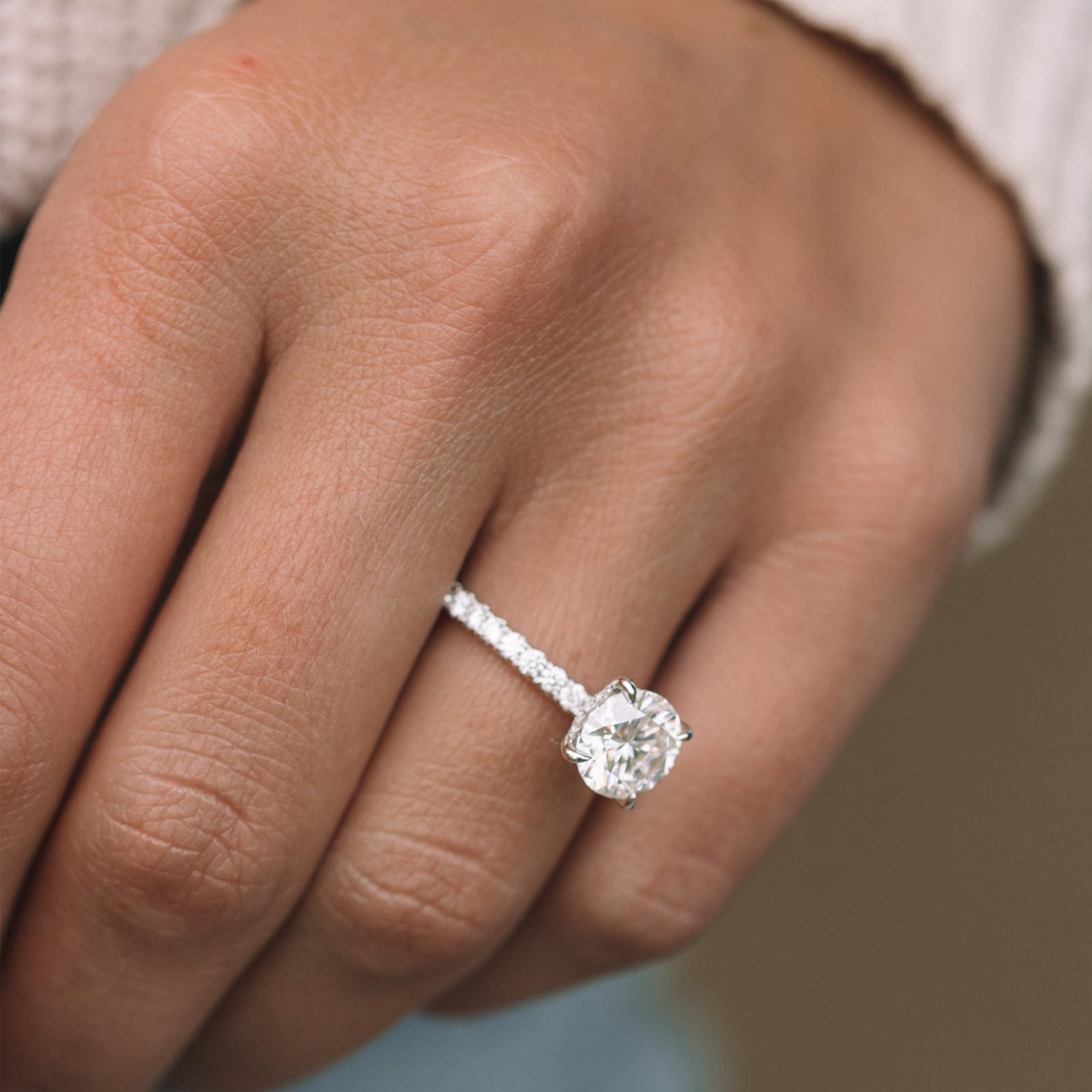 1.90 CT Round Cut Moissanite Hidden Halo & Pave Setting Engagement Ring