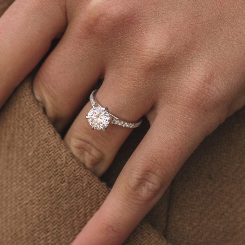 1.35 CT  Round Cut Pave Style Moissanite Engagement Ring
