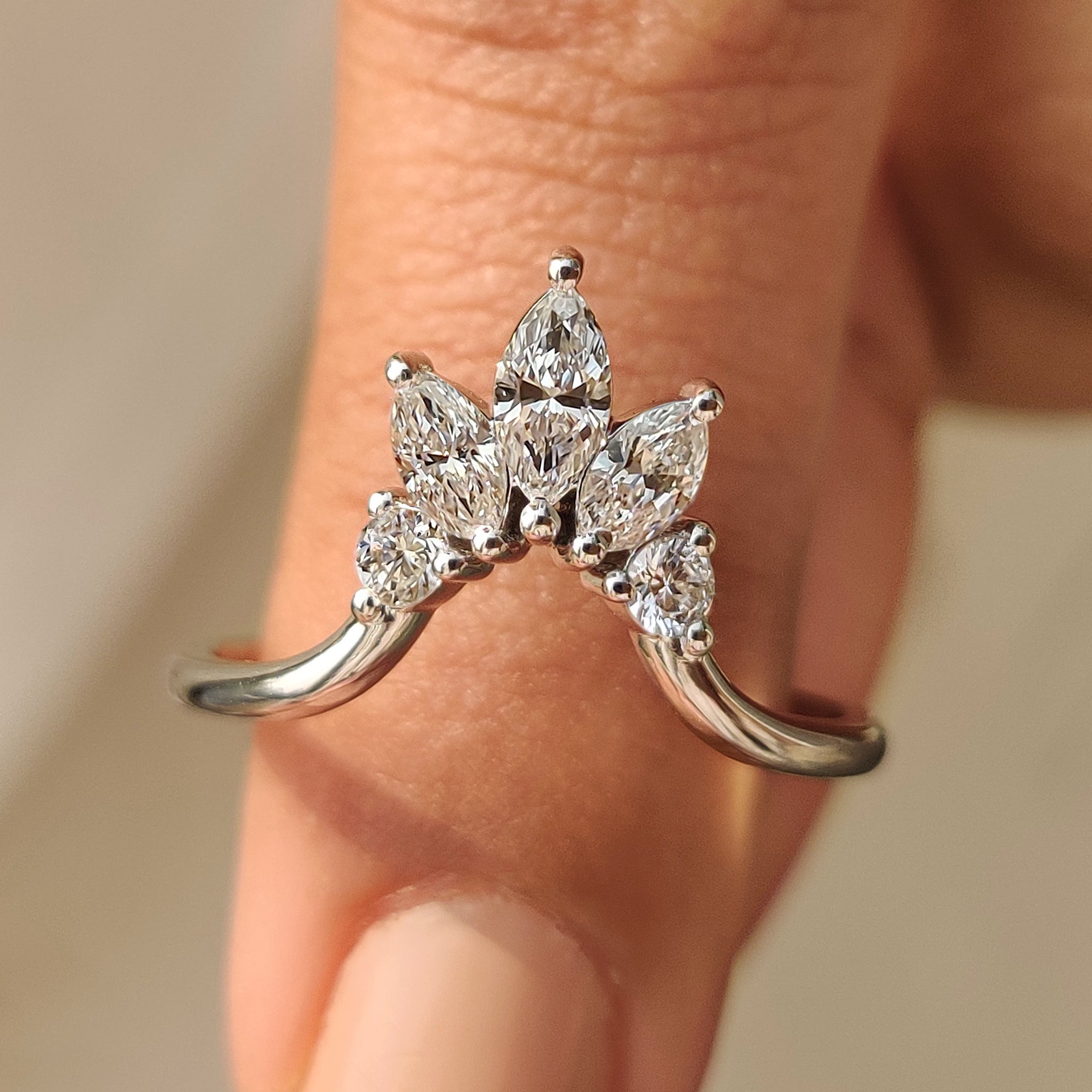 U Shape Curved Wedding Band with Marquise and Round Diamonds