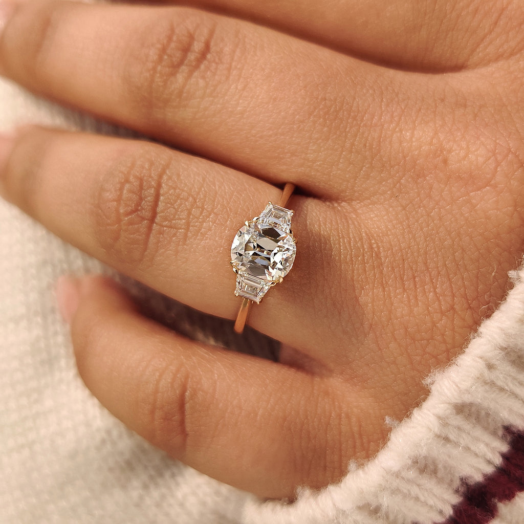 Old Mine Cushion Cut Diamond Ring with Trapezoid Side Stones