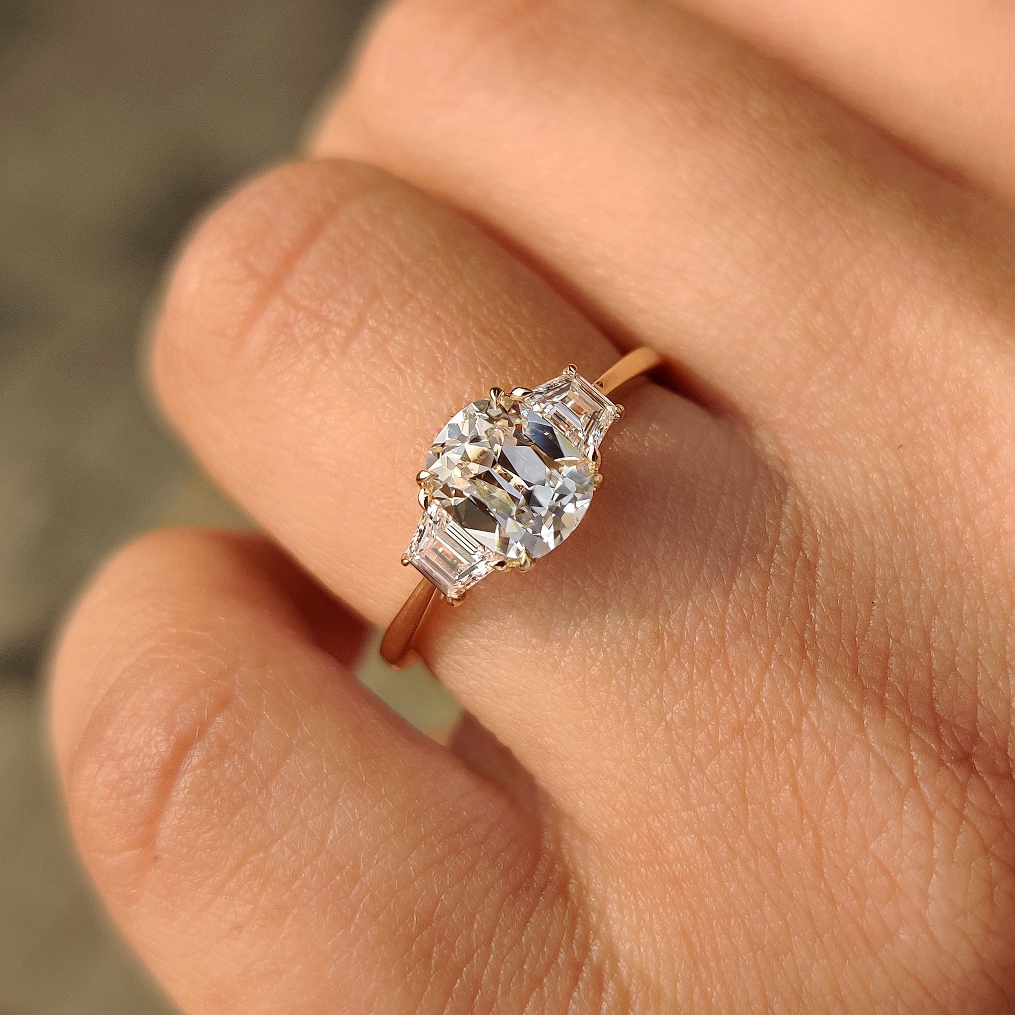 Old Mine Cushion Cut Diamond Ring with Trapezoid Side Stones Secondary image