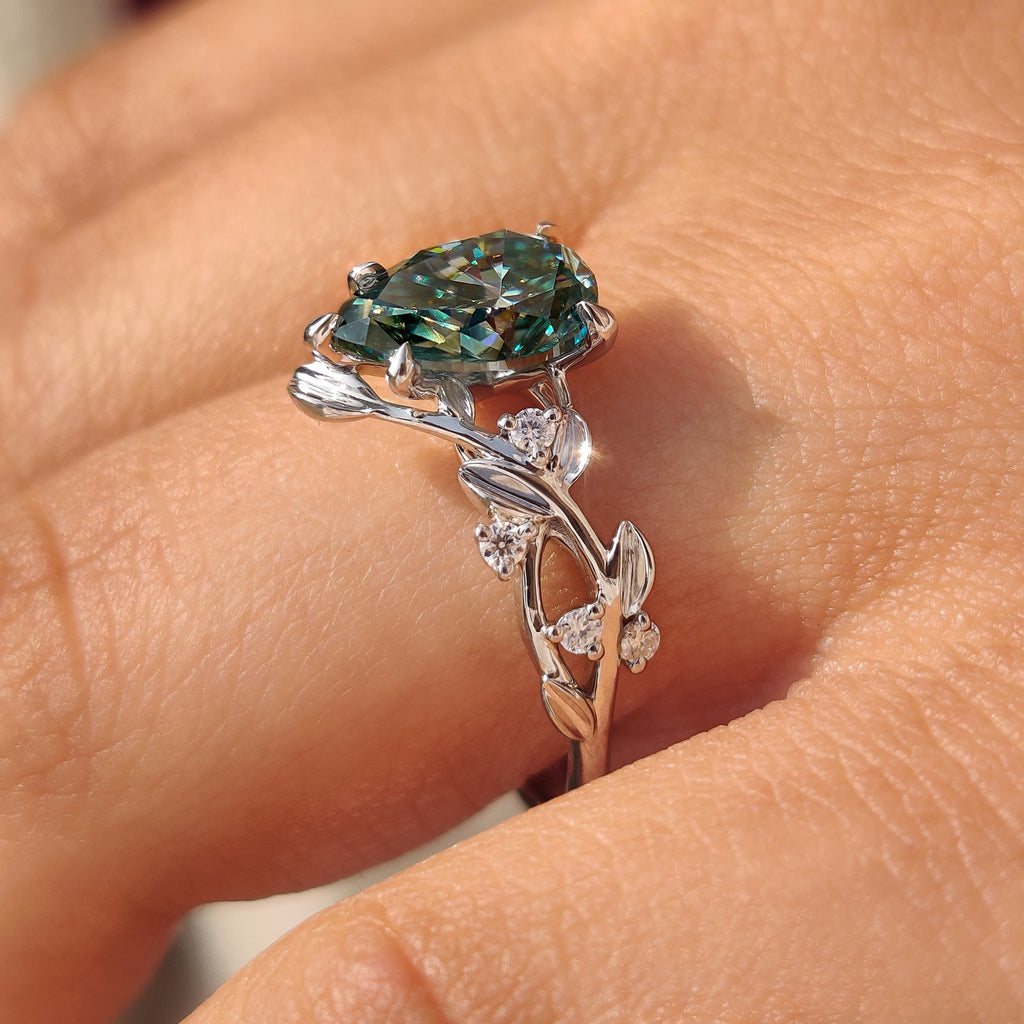 Cyan Blue Moissanite Pear Nature inspired Ring with Leaf Design
