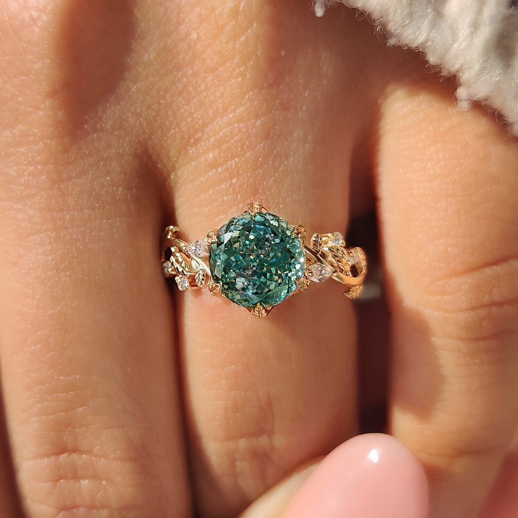 Nature Inspired Cyan Blue Portuguese Cut Moissanite Ring in Tulip Setting